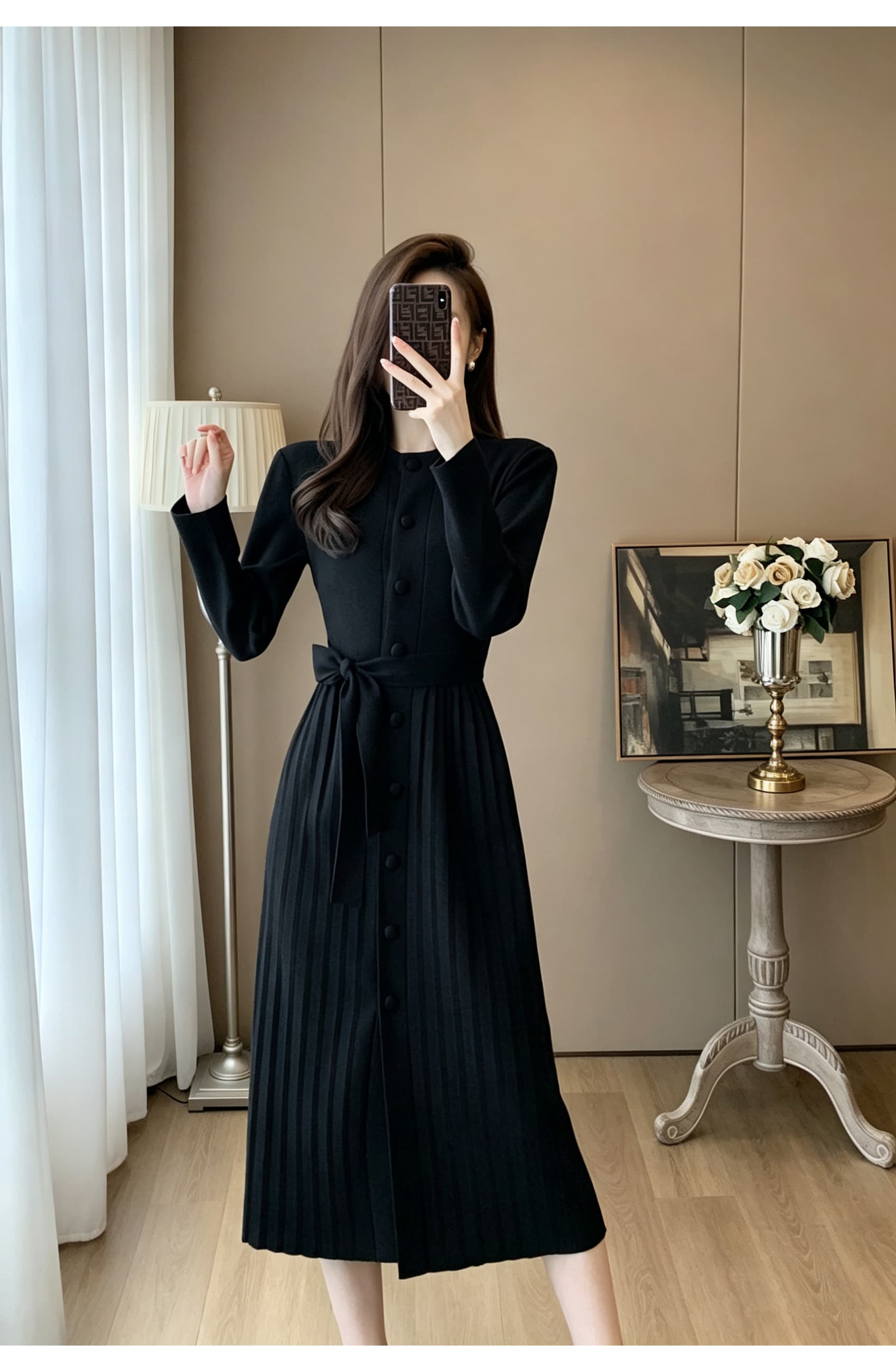 라운드 넥 싱글 줄 버튼 긴팔 니트 여성 드레스 가을 허리 수축 스트랩 플리츠 도루 센스 무릎 아래 중간 길이 기본 스커트 상세 이미지 7