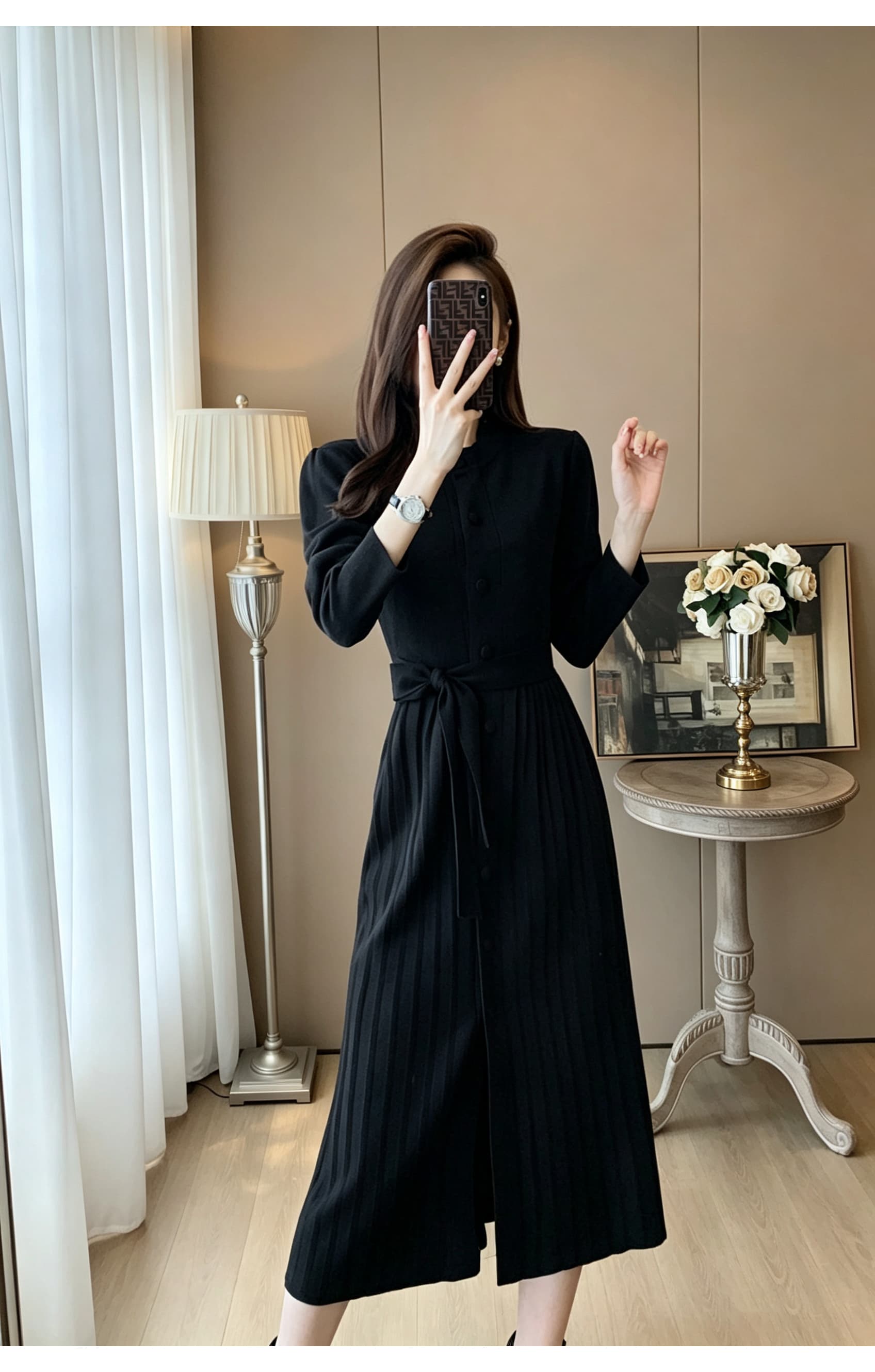 라운드 넥 싱글 줄 버튼 긴팔 니트 여성 드레스 가을 허리 수축 스트랩 플리츠 도루 센스 무릎 아래 중간 길이 기본 스커트 상세 이미지 11