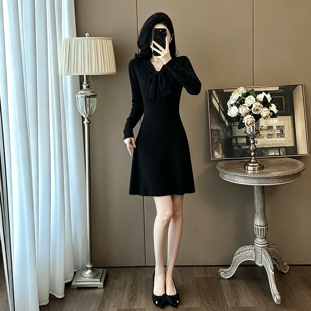 프랑스식 나비 매듭 V넥 싱글 줄 버튼 긴팔 니트 여성 드레스 허리 수축 슬림해 보이는 작은 키 한 마디 산포 진자 미니 스커트 이미지 5