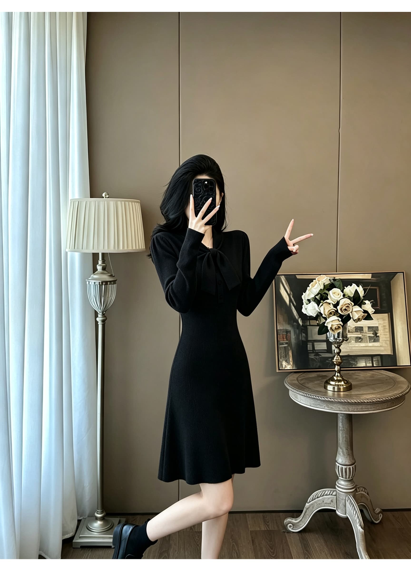 프랑스식 나비 매듭 V넥 싱글 줄 버튼 긴팔 니트 여성 드레스 허리 수축 슬림해 보이는 작은 키 한 마디 산포 진자 미니 스커트 상세 이미지 11