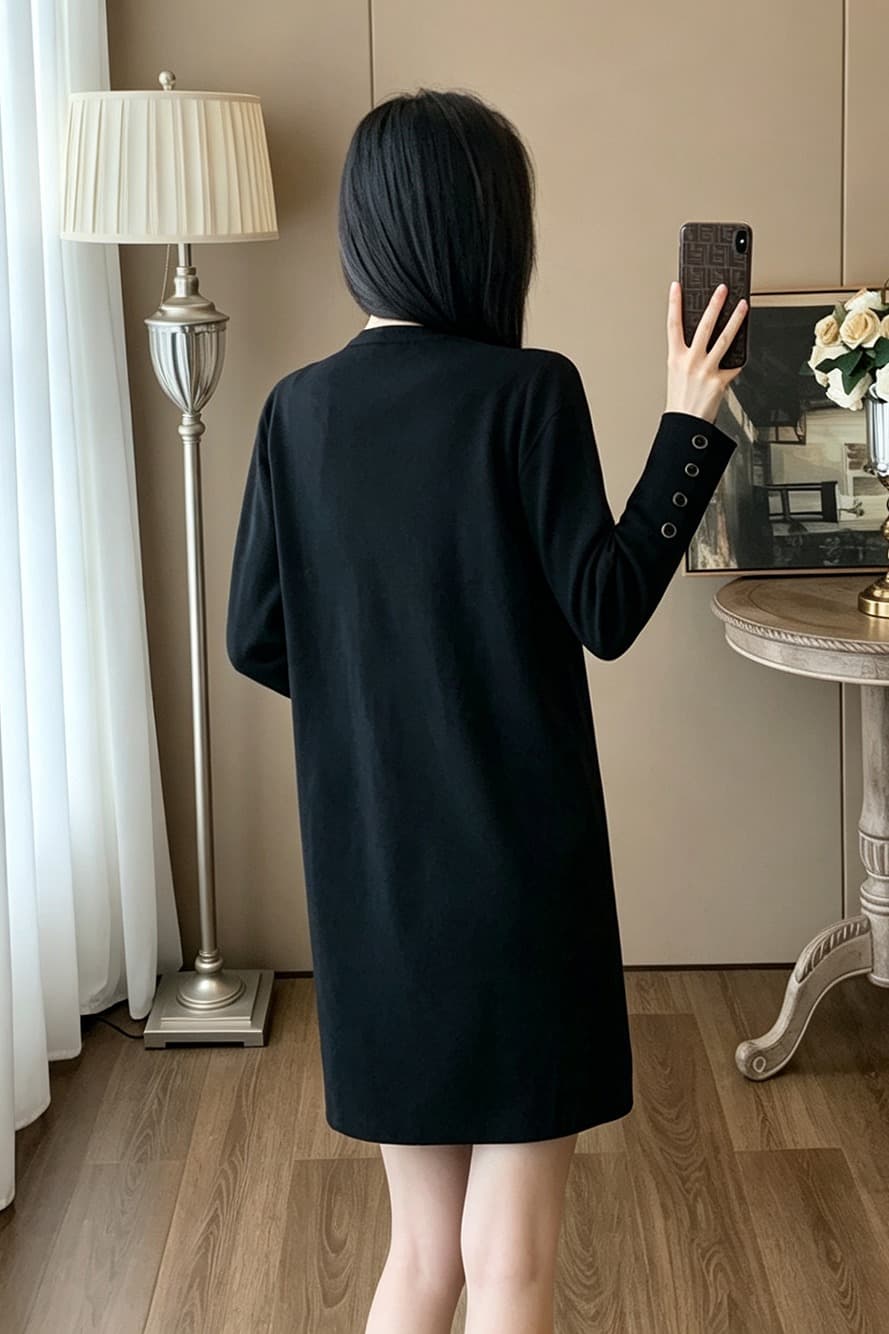캐주얼 바람 라운드 넥 루즈핏 긴팔 니트 여성 드레스 가을 커프스 금속 버클 스트레이트 표지 고기 쇼트 스타일 기본 스커트 이미지 6