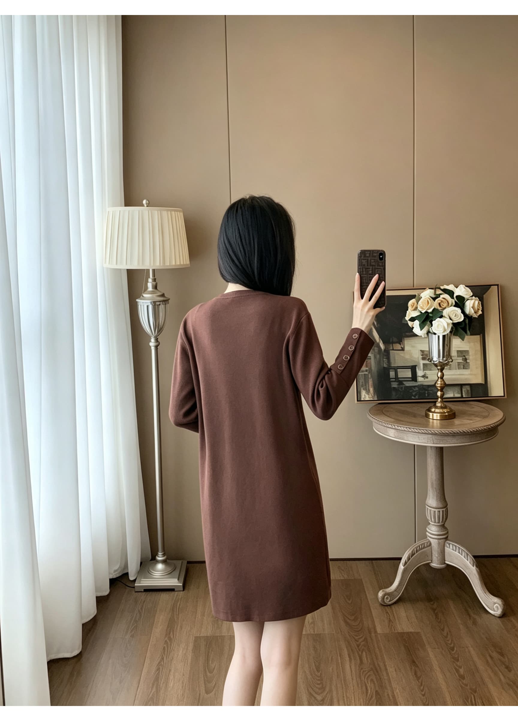 캐주얼 바람 라운드 넥 루즈핏 긴팔 니트 여성 드레스 가을 커프스 금속 버클 스트레이트 표지 고기 쇼트 스타일 기본 스커트 상세 이미지 11