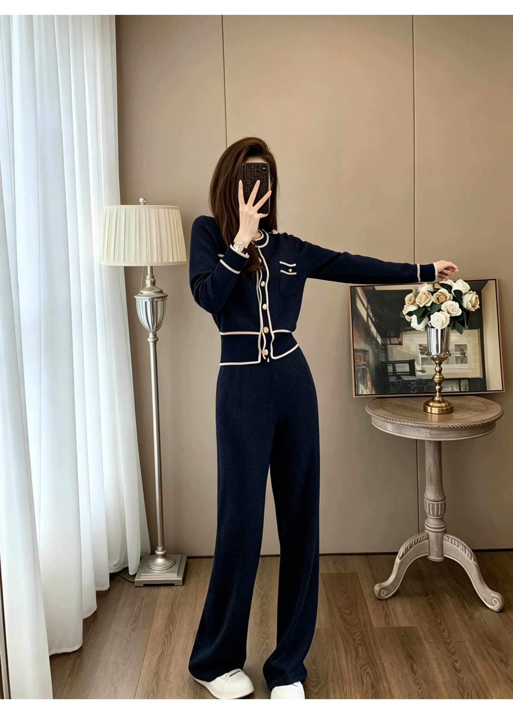 라운드 넥 명중 측면 골드 버클 작은 샤넬 스타일 니트 투피스 세트 여성 짧은 오픈 가디건 하이웨이스트 도루 센스 넓은 다리 길이 바지 세트 상세 이미지 7
