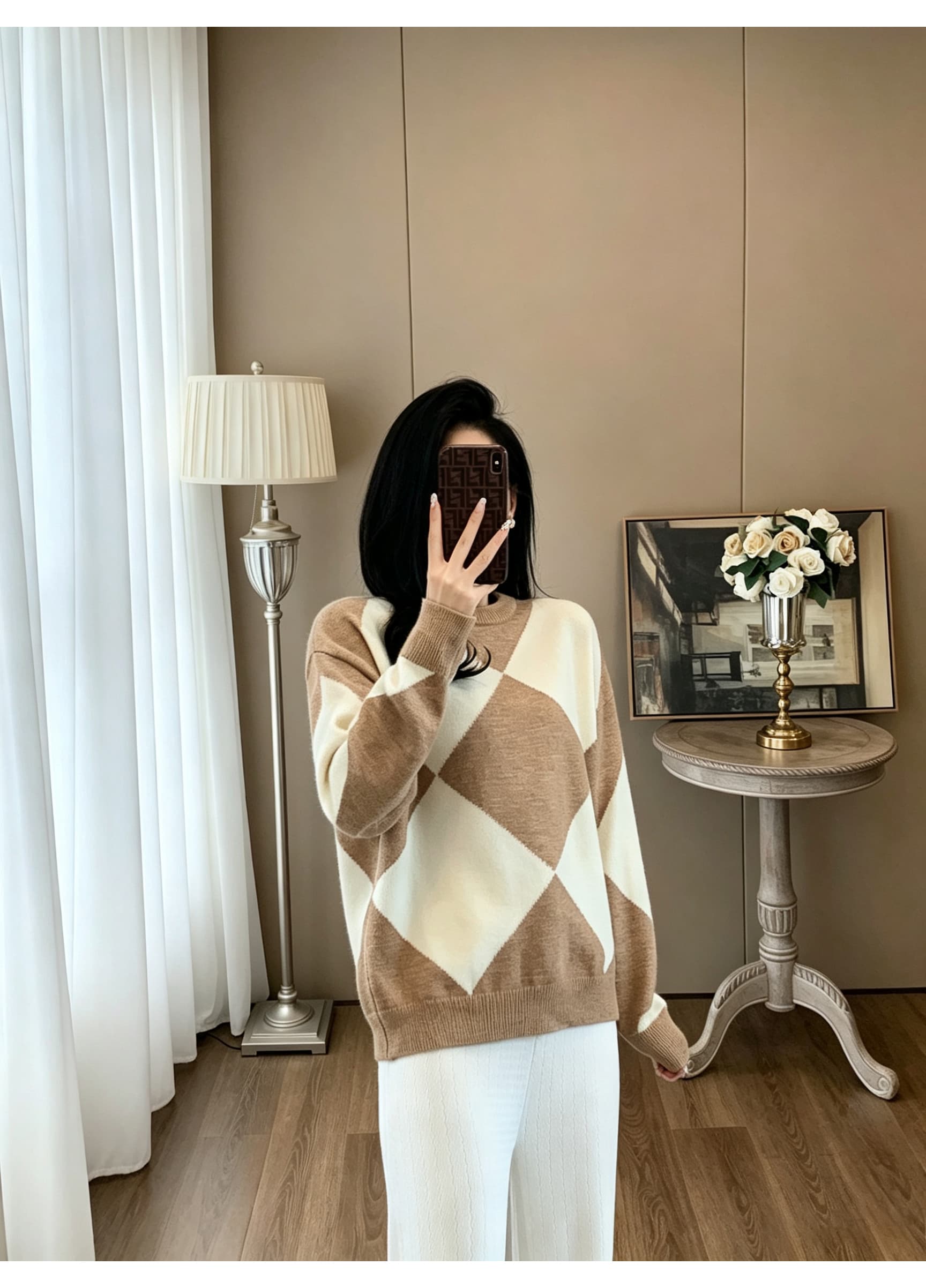 패션 라운드 넥 배색 링 그리드 니트 스웨터 여자 루즈핏 가을 어깨 느긋한 바람 긴팔 풀오버 부드러운 찹쌀 만나는 맨위 상세 이미지 5