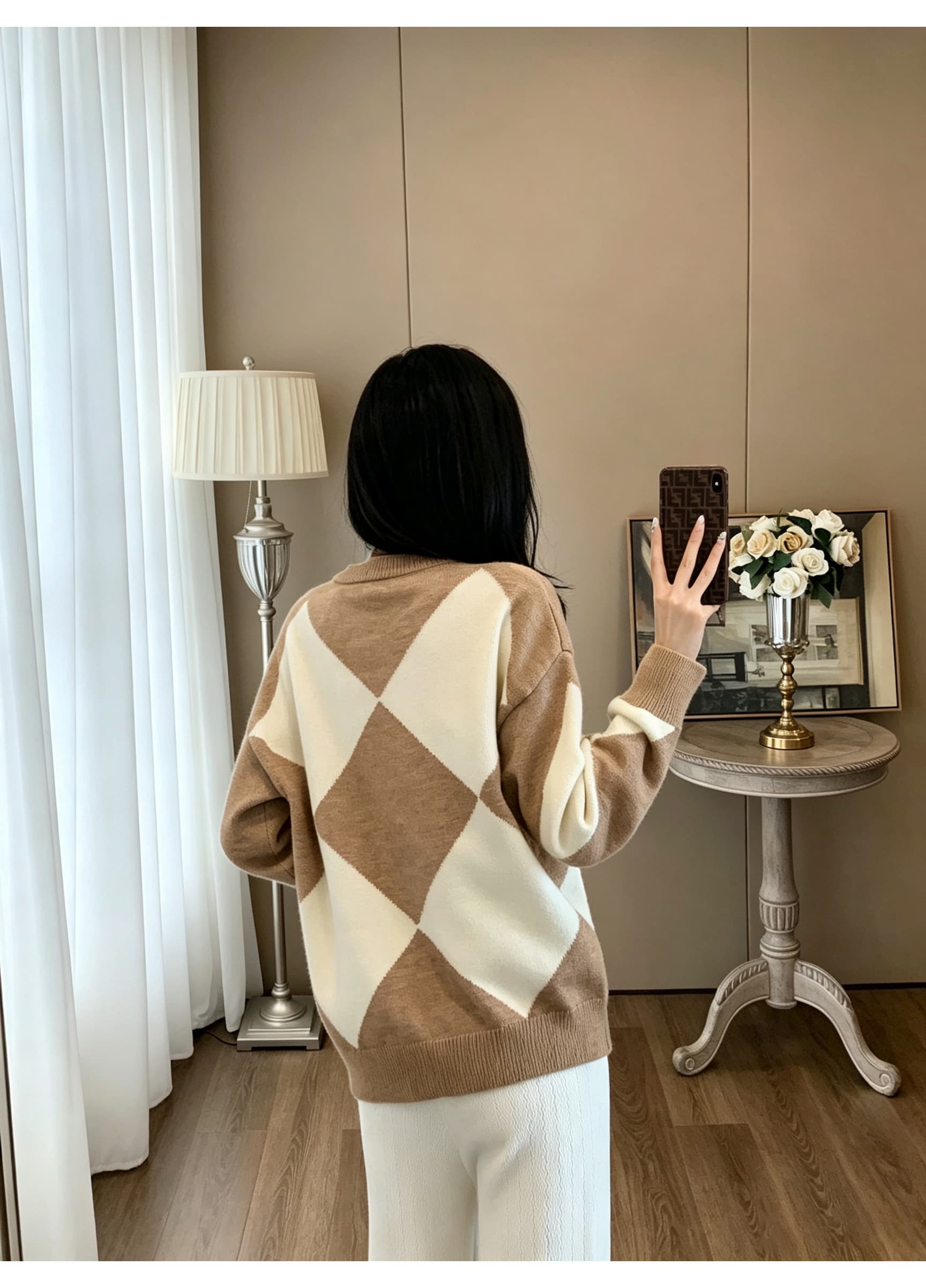 패션 라운드 넥 배색 링 그리드 니트 스웨터 여자 루즈핏 가을 어깨 느긋한 바람 긴팔 풀오버 부드러운 찹쌀 만나는 맨위 상세 이미지 9