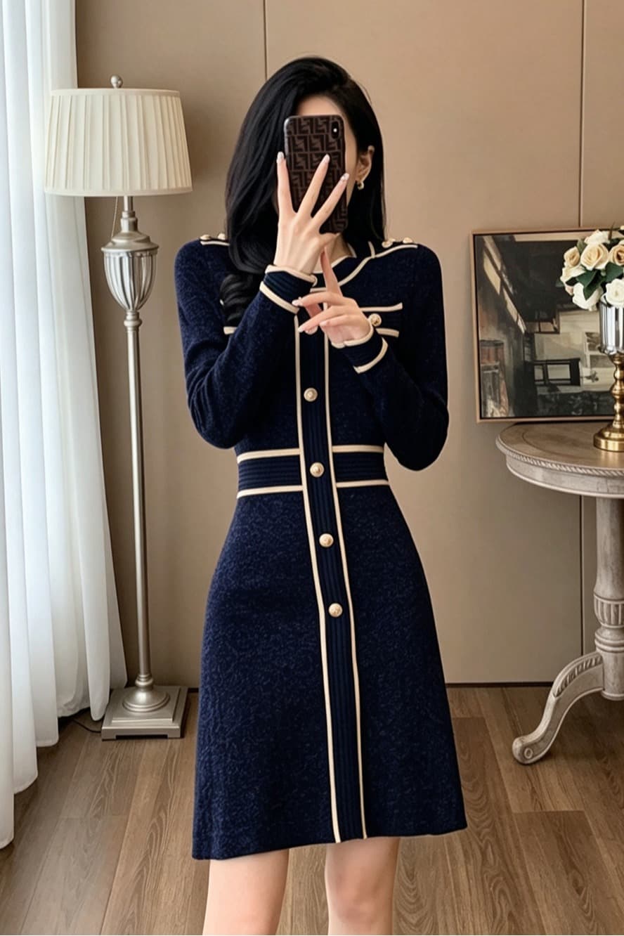 2026 가을 작은 샤넬 스타일 라운드 넥 긴팔 니트 드레스 금속 단추 허리 수축 배색 테두리 한 마디 미니 스커트 이미지 6