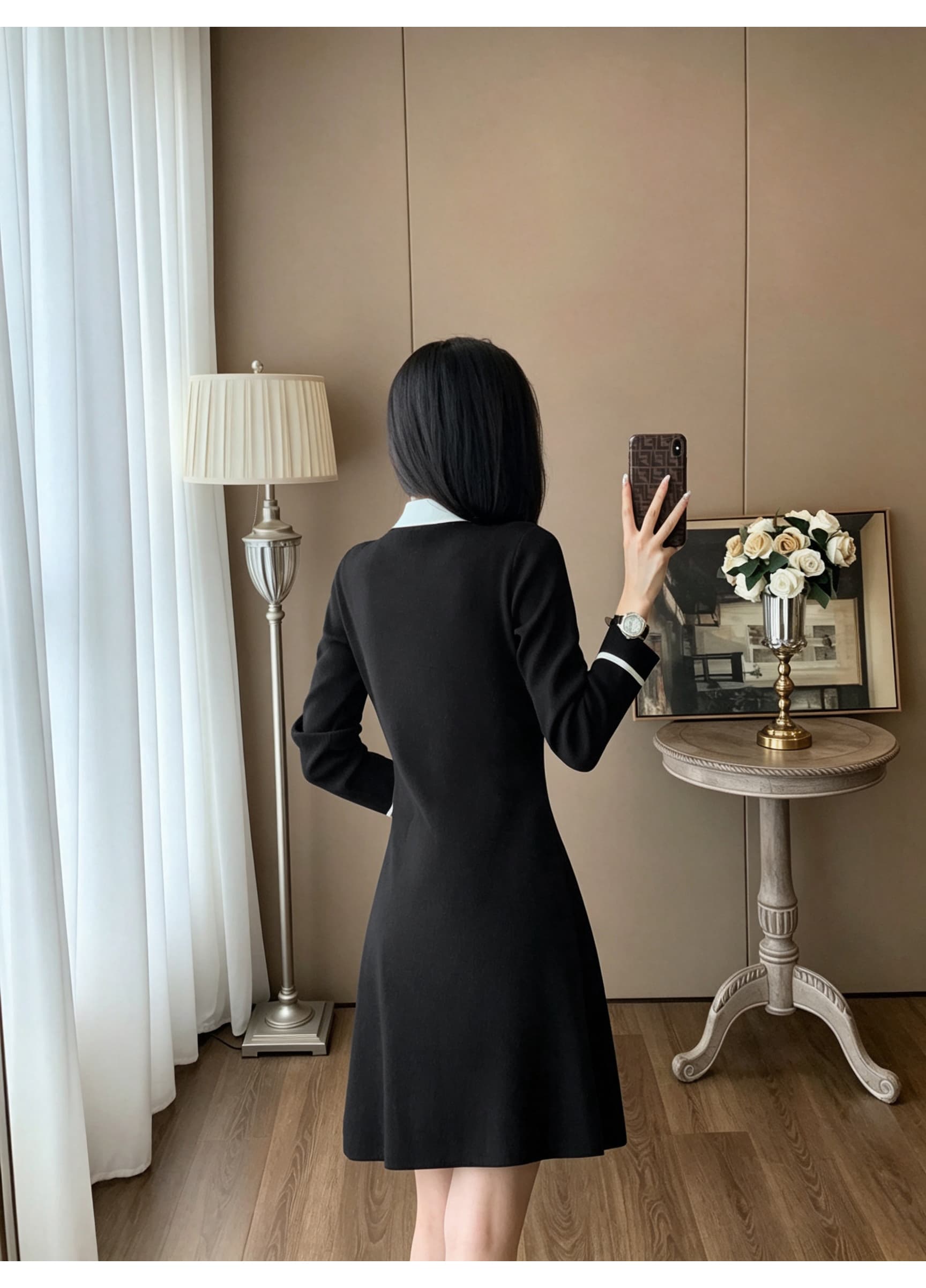 프랑스식 작은 샤넬 스타일 나비 매듭 칼라 긴팔 니트 드레스 진주 단추 더블 주머니 허리 수축 슬림해 보이는 A라인 스커트 상세 이미지 12