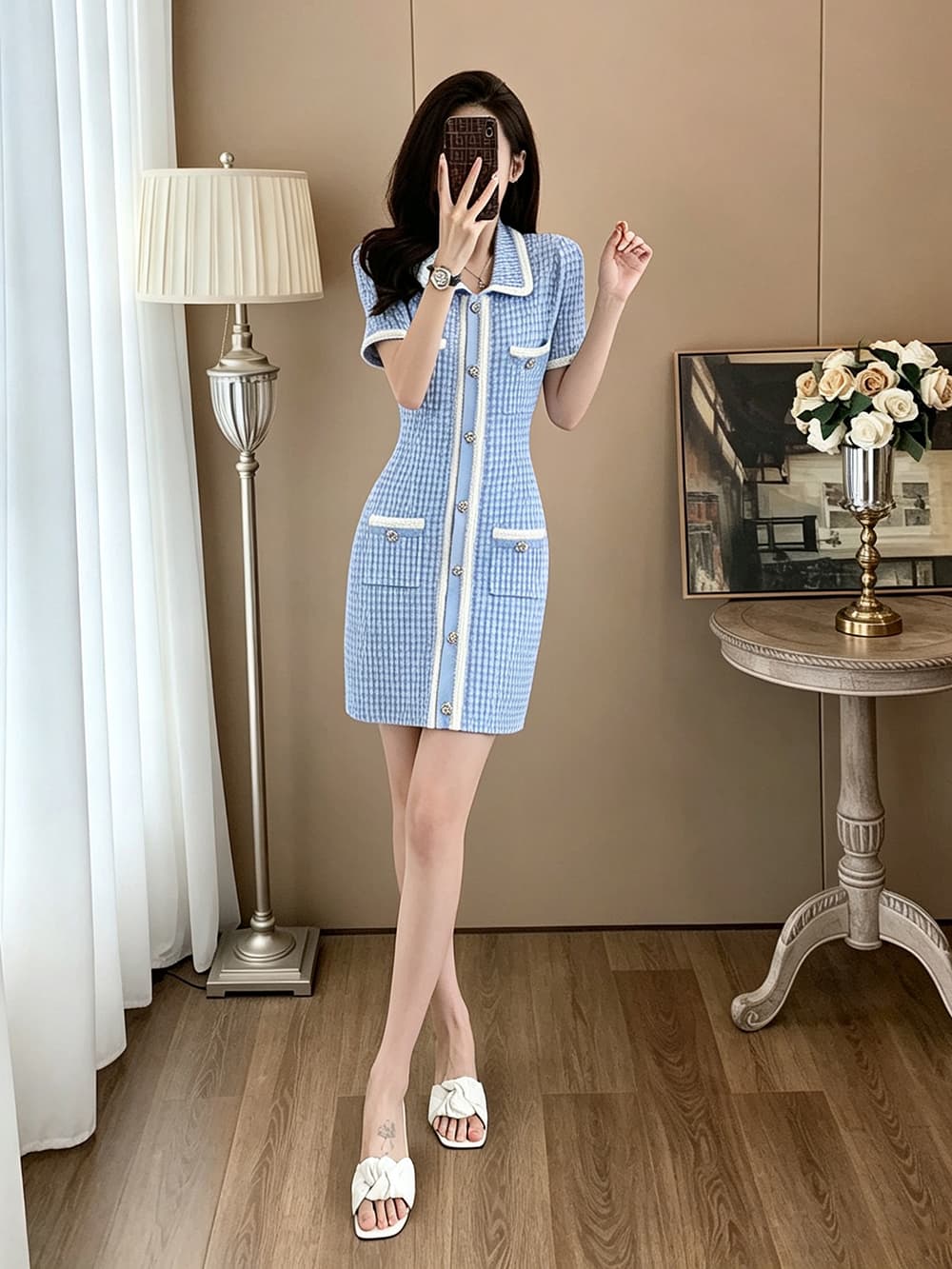 폴로 칼라 반팔 작은 샤넬 스타일 여성 드레스 배색 리본 테두리 금속 단추 네 주머니 허리 수축 타이트 스커트 미니 스커트 이미지 2