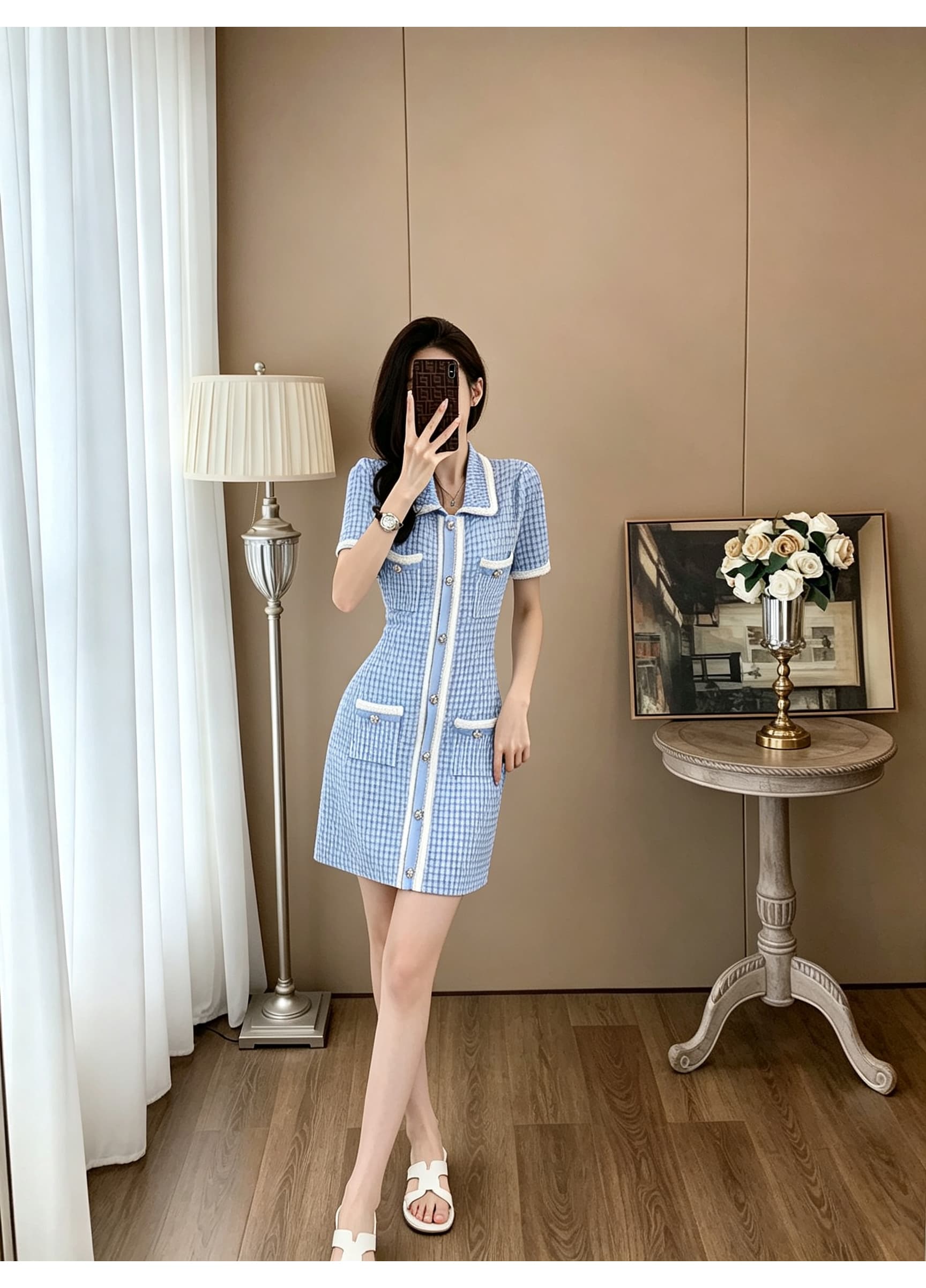폴로 칼라 반팔 작은 샤넬 스타일 여성 드레스 배색 리본 테두리 금속 단추 네 주머니 허리 수축 타이트 스커트 미니 스커트 상세 이미지 7
