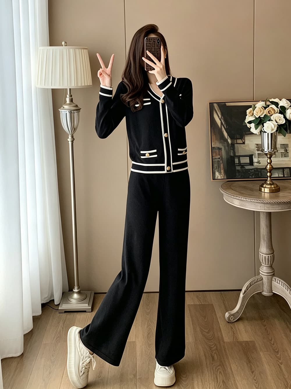 V넥 배색 리본 샤오시엔 니트 오픈 가디건 네 주머니 금속 버클 하이웨이스트 도루 센스 넓은 다리 길이 바지 투피스 슈트 이미지 3