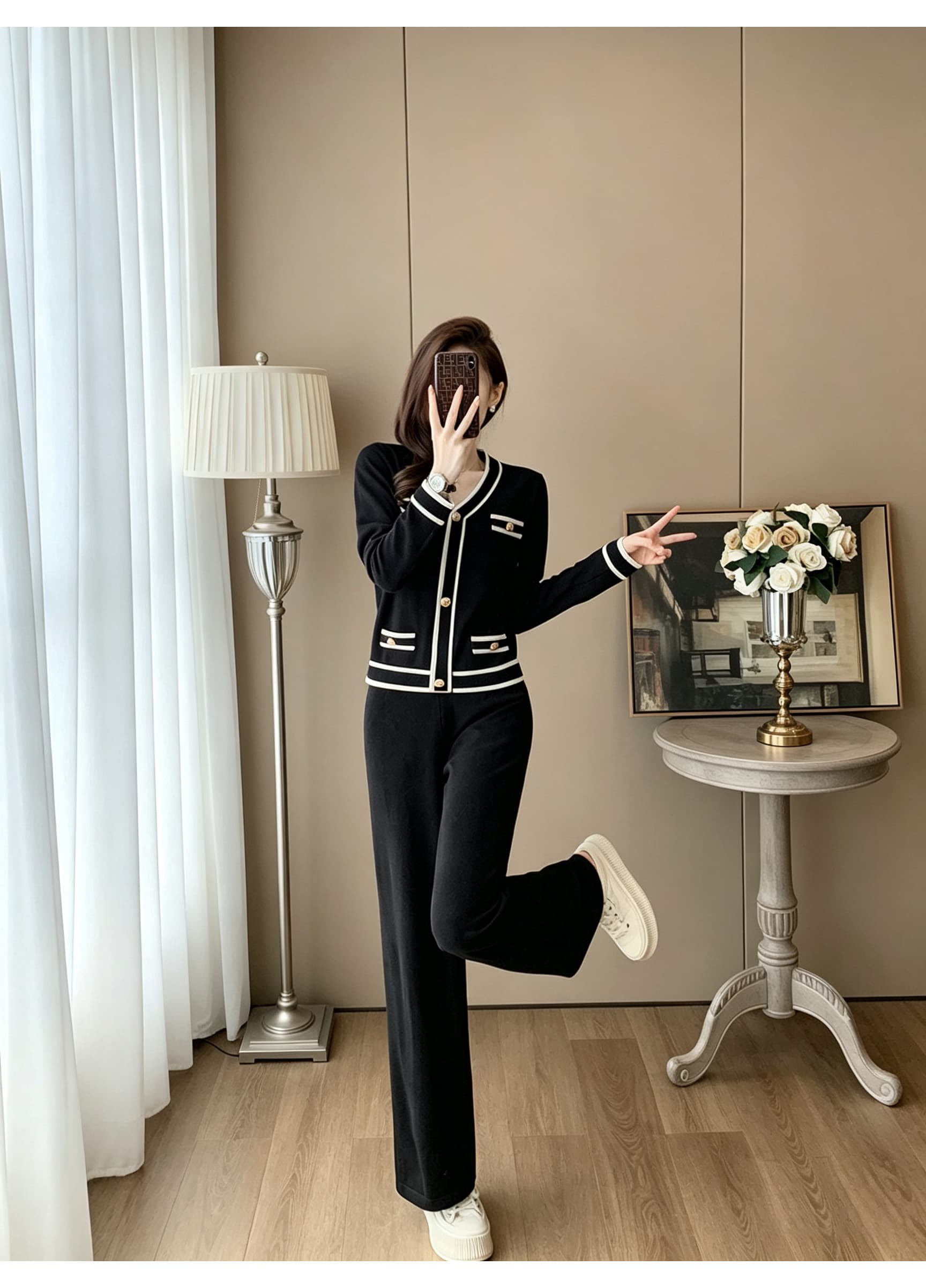 V넥 배색 리본 샤오시엔 니트 오픈 가디건 네 주머니 금속 버클 하이웨이스트 도루 센스 넓은 다리 길이 바지 투피스 슈트 상세 이미지 4