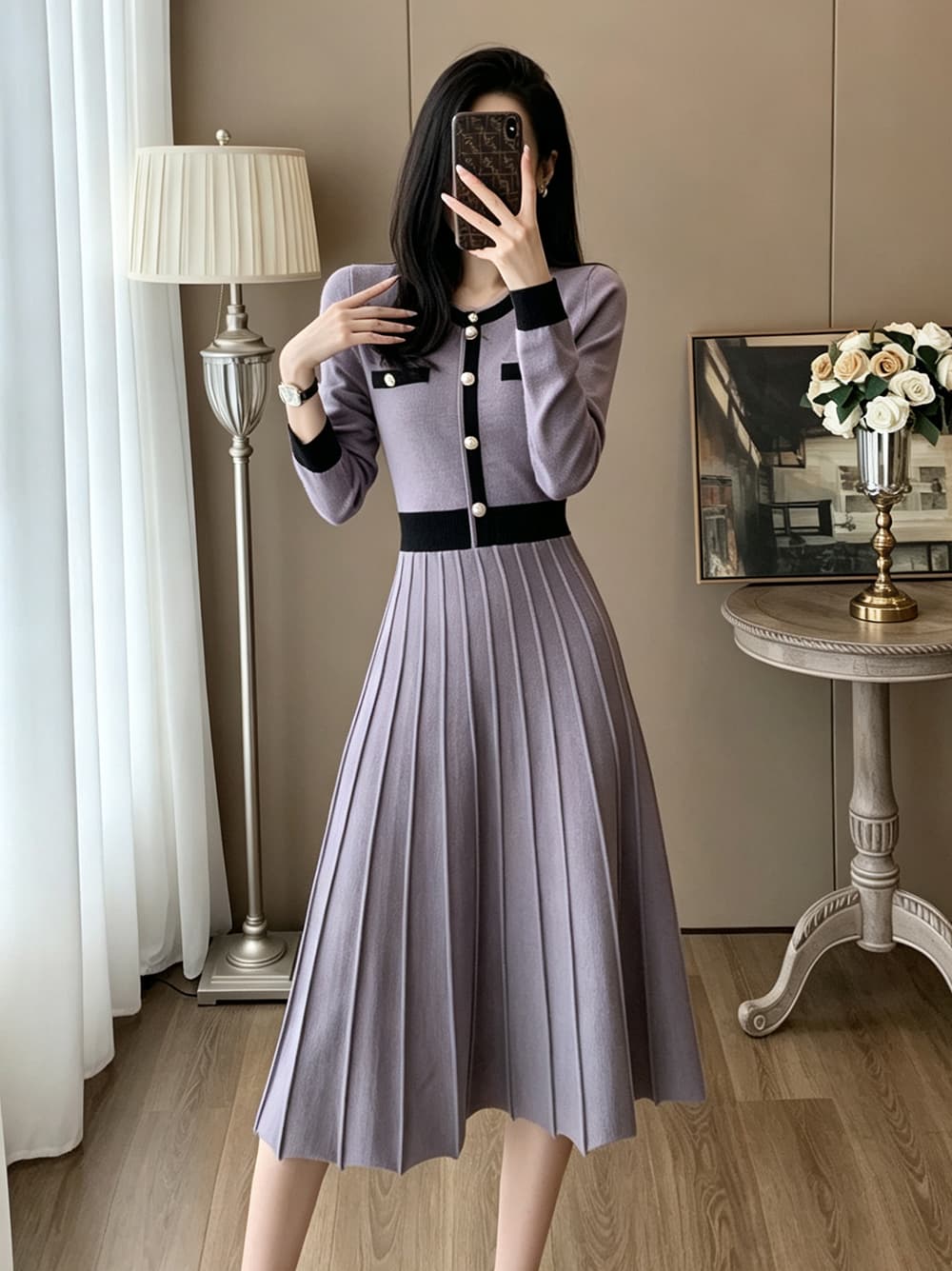 가을 배색 테두리 장식 작은 샤넬 스타일 니트 드레스 V넥 금속 버클 허리 수축 플리츠 큰 진자 무릎 아래 중간 길이 스커트