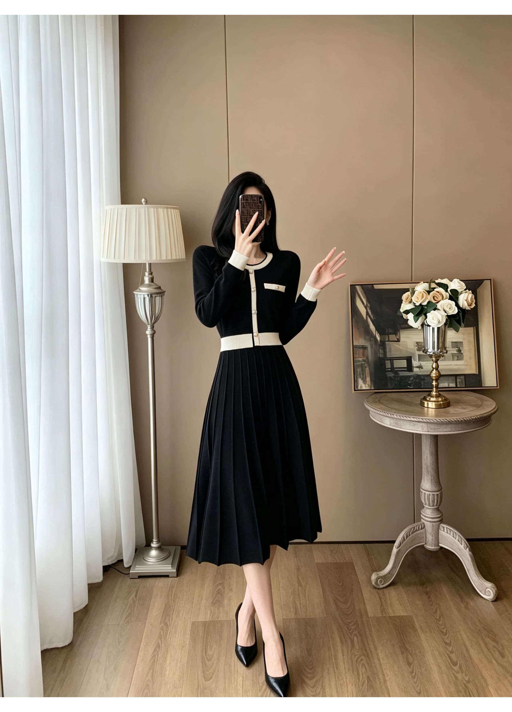 가을 배색 테두리 장식 작은 샤넬 스타일 니트 드레스 V넥 금속 버클 허리 수축 플리츠 큰 진자 무릎 아래 중간 길이 스커트 상세 이미지 6