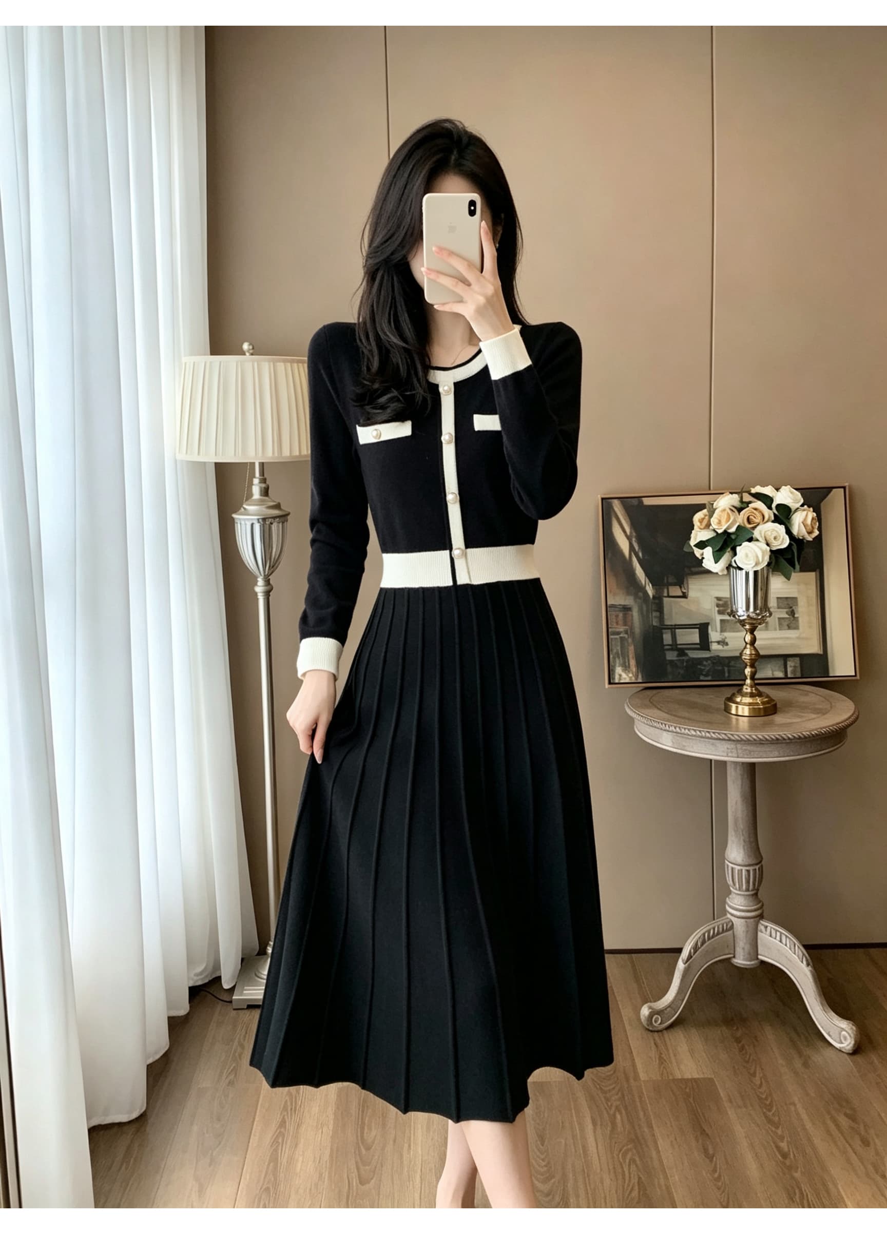 가을 배색 테두리 장식 작은 샤넬 스타일 니트 드레스 V넥 금속 버클 허리 수축 플리츠 큰 진자 무릎 아래 중간 길이 스커트 상세 이미지 8