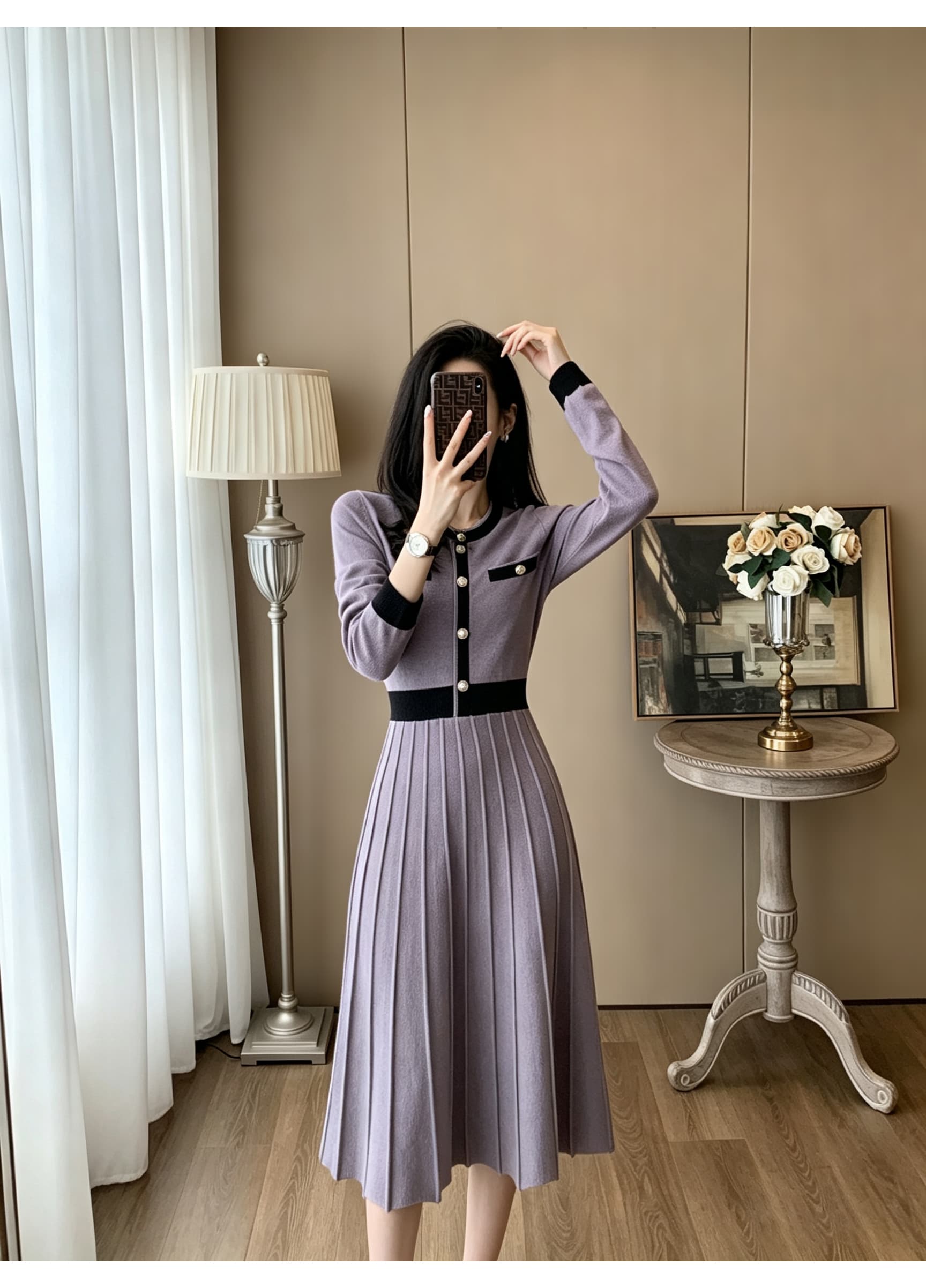 가을 배색 테두리 장식 작은 샤넬 스타일 니트 드레스 V넥 금속 버클 허리 수축 플리츠 큰 진자 무릎 아래 중간 길이 스커트 상세 이미지 10