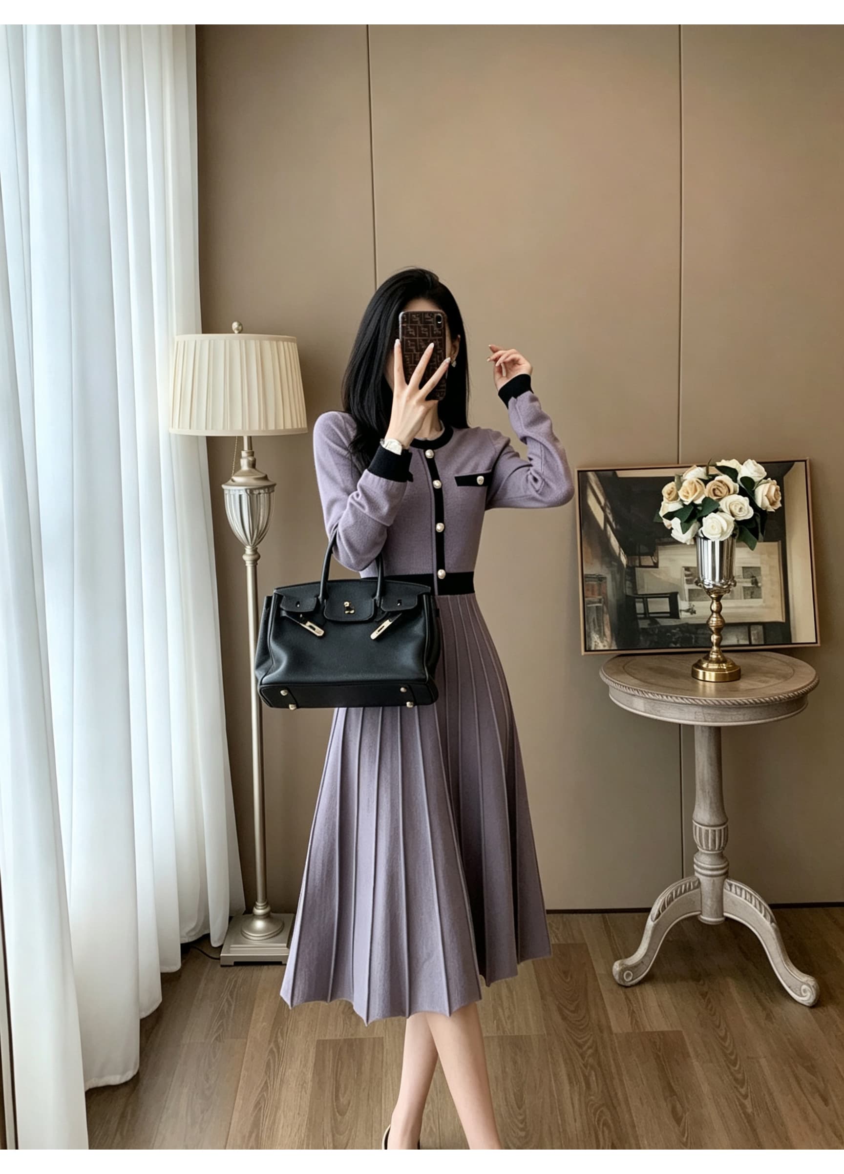 가을 배색 테두리 장식 작은 샤넬 스타일 니트 드레스 V넥 금속 버클 허리 수축 플리츠 큰 진자 무릎 아래 중간 길이 스커트 상세 이미지 12