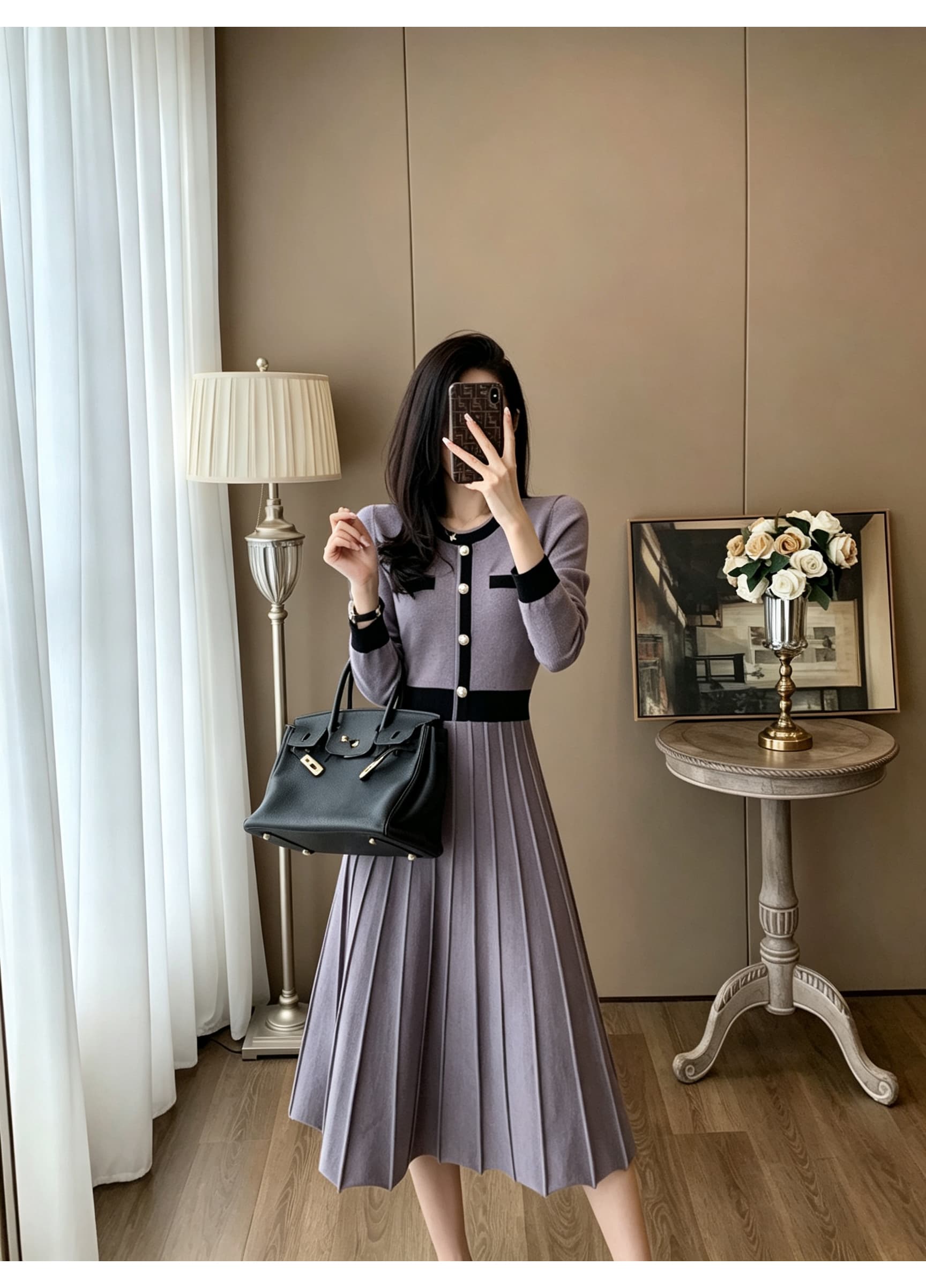가을 배색 테두리 장식 작은 샤넬 스타일 니트 드레스 V넥 금속 버클 허리 수축 플리츠 큰 진자 무릎 아래 중간 길이 스커트 상세 이미지 15