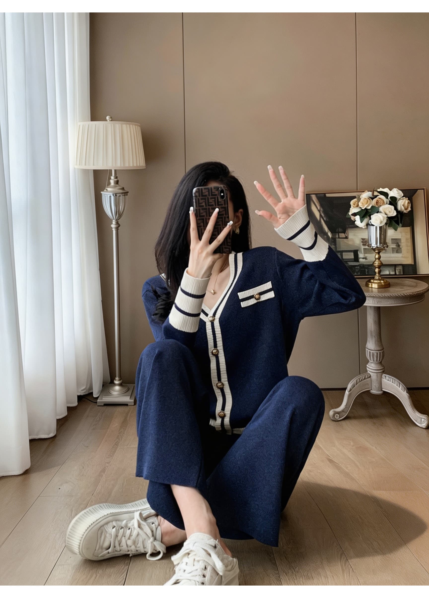 2026 캐주얼 바람 V넥 배색 테두리 장식 샤오시엔 니트 투피스 세트 긴팔 오픈 가디건 하이웨이스트 도루 센스 넓은 다리 길이 바지 상세 이미지 5