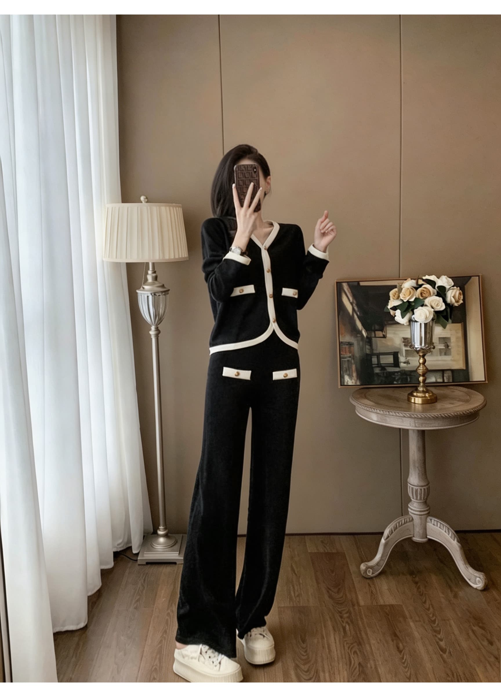 캐주얼 바람 V넥 배색 리본 샤오시엔 니트 투피스 세트 쇼트 스타일 오픈 가디건 하이웨이스트 도루 센스 넓은 다리 캐주얼 긴 바지 상세 이미지 6