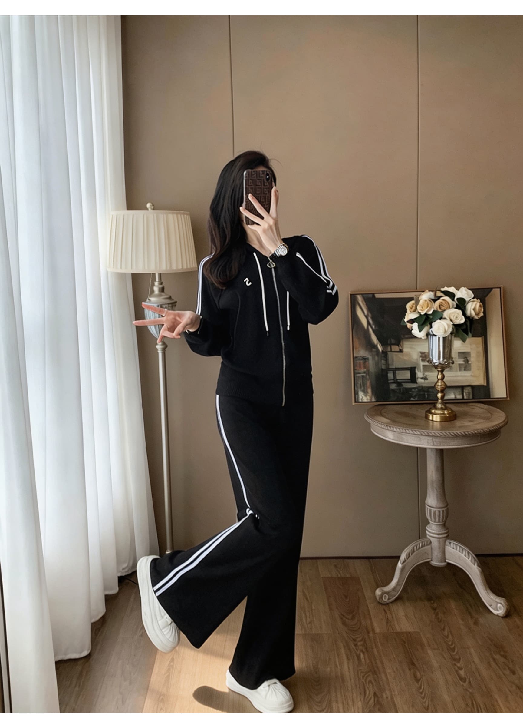 캐주얼 바람 측면 스트라이프 후드 니트 투피스 세트 지퍼 카디건 코트 하이웨이스트 도루 센스 스트레이트 넓은 다리 길이 바지 상세 이미지 4
