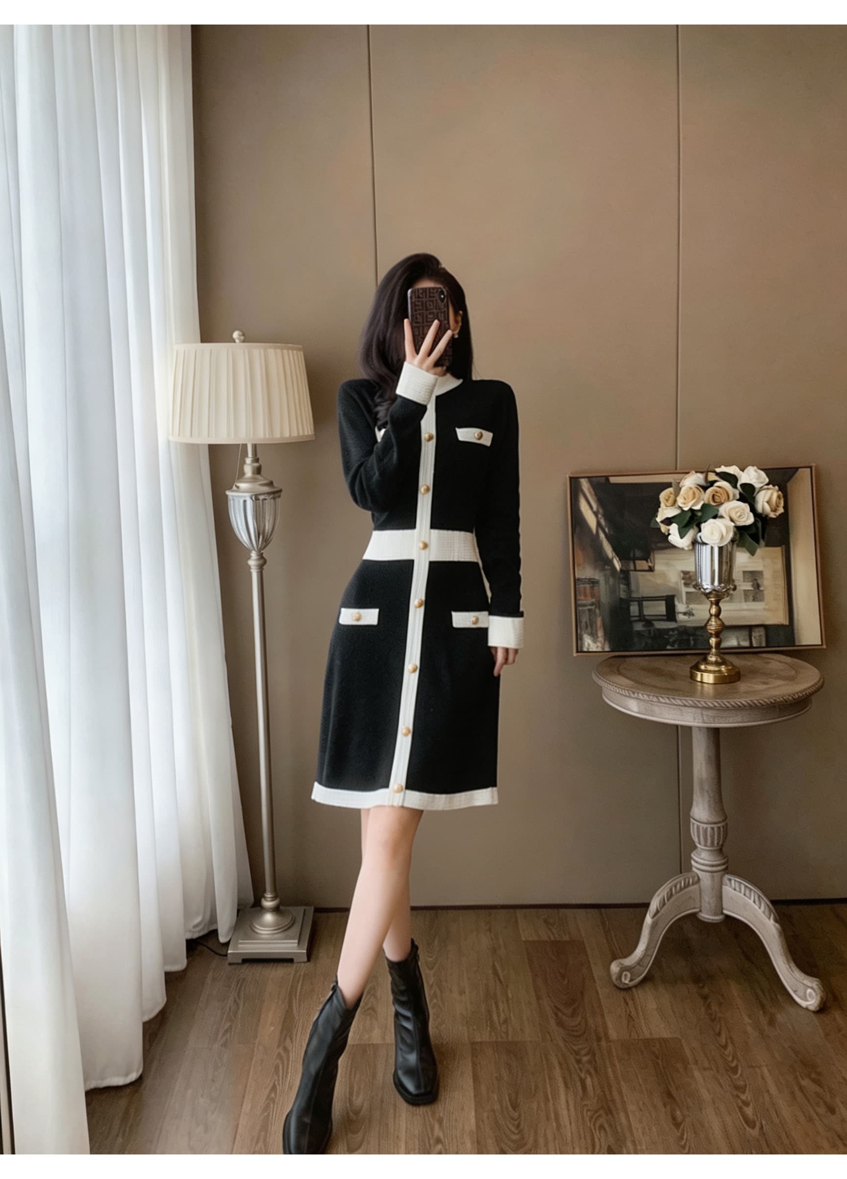 가을 작은 샤넬 스타일 배색 니트 여성 드레스 라운드 넥 긴팔 금속 버클 허리 수축 중간 길이 품격 스트레이트 치마 상세 이미지 49