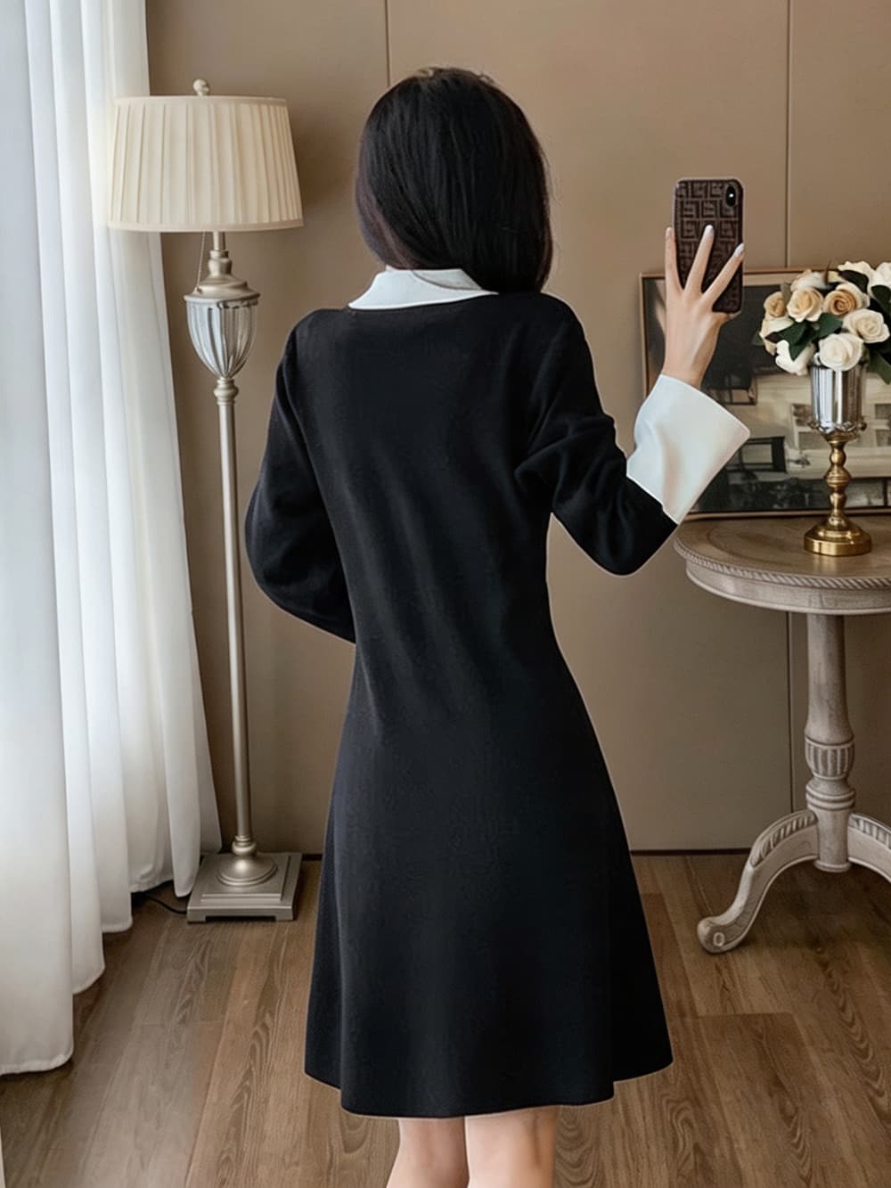 작은 샤넬 스타일 폴로 칼라 패치워크 긴팔 여성 드레스 가을 허리 수축 한 마디 미니 스커트 품격 출퇴근 싱글 줄 버튼 니트 원피스 이미지 5