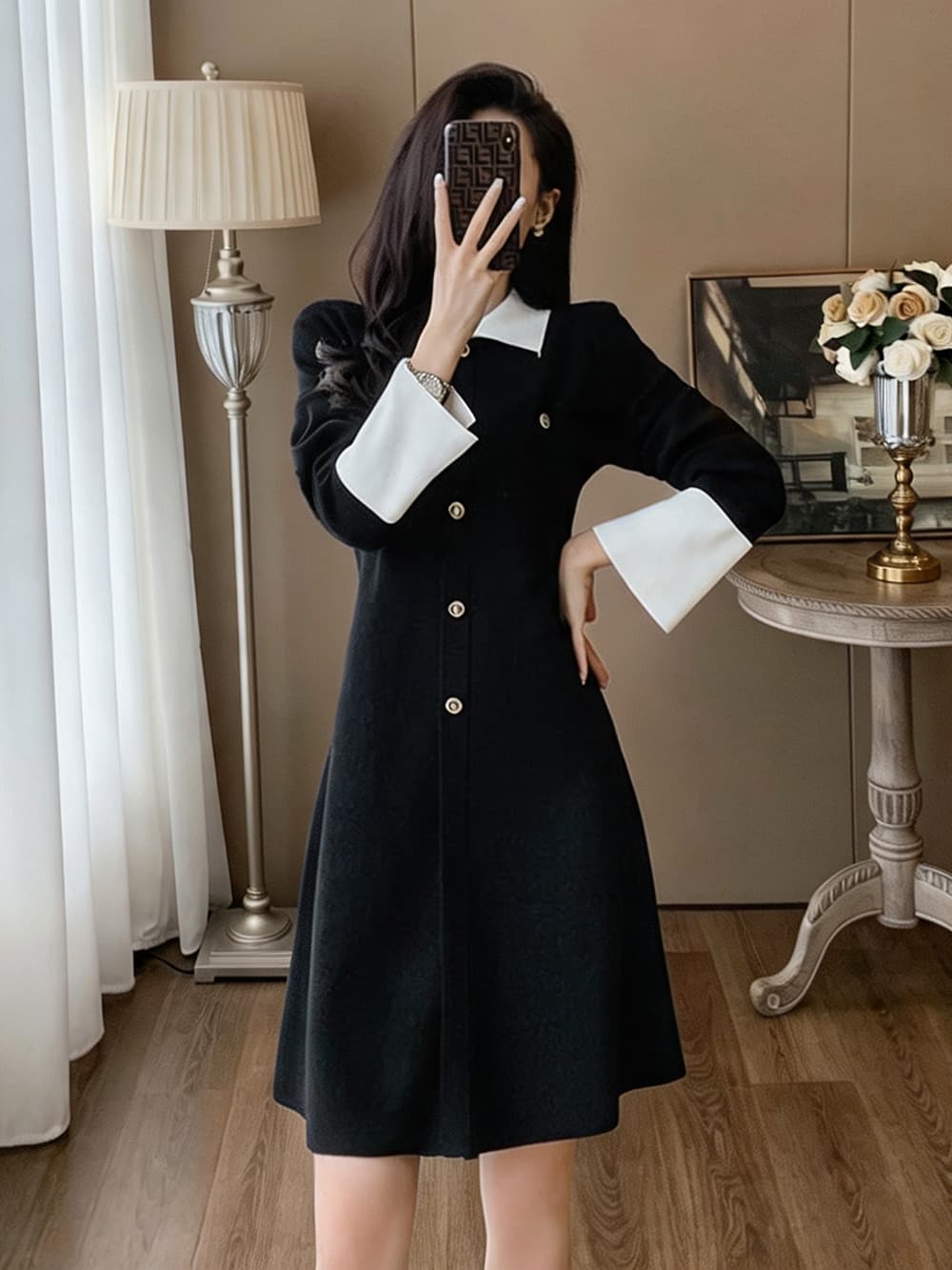 작은 샤넬 스타일 폴로 칼라 패치워크 긴팔 여성 드레스 가을 허리 수축 한 마디 미니 스커트 품격 출퇴근 싱글 줄 버튼 니트 원피스 이미지 2