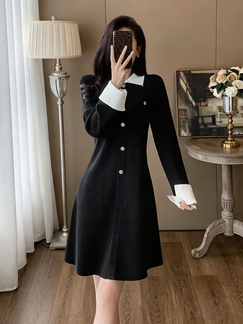 작은 샤넬 스타일 폴로 칼라 패치워크 긴팔 여성 드레스 가을 허리 수축 한 마디 미니 스커트 품격 출퇴근 싱글 줄 버튼 니트 원피스 이미지 3