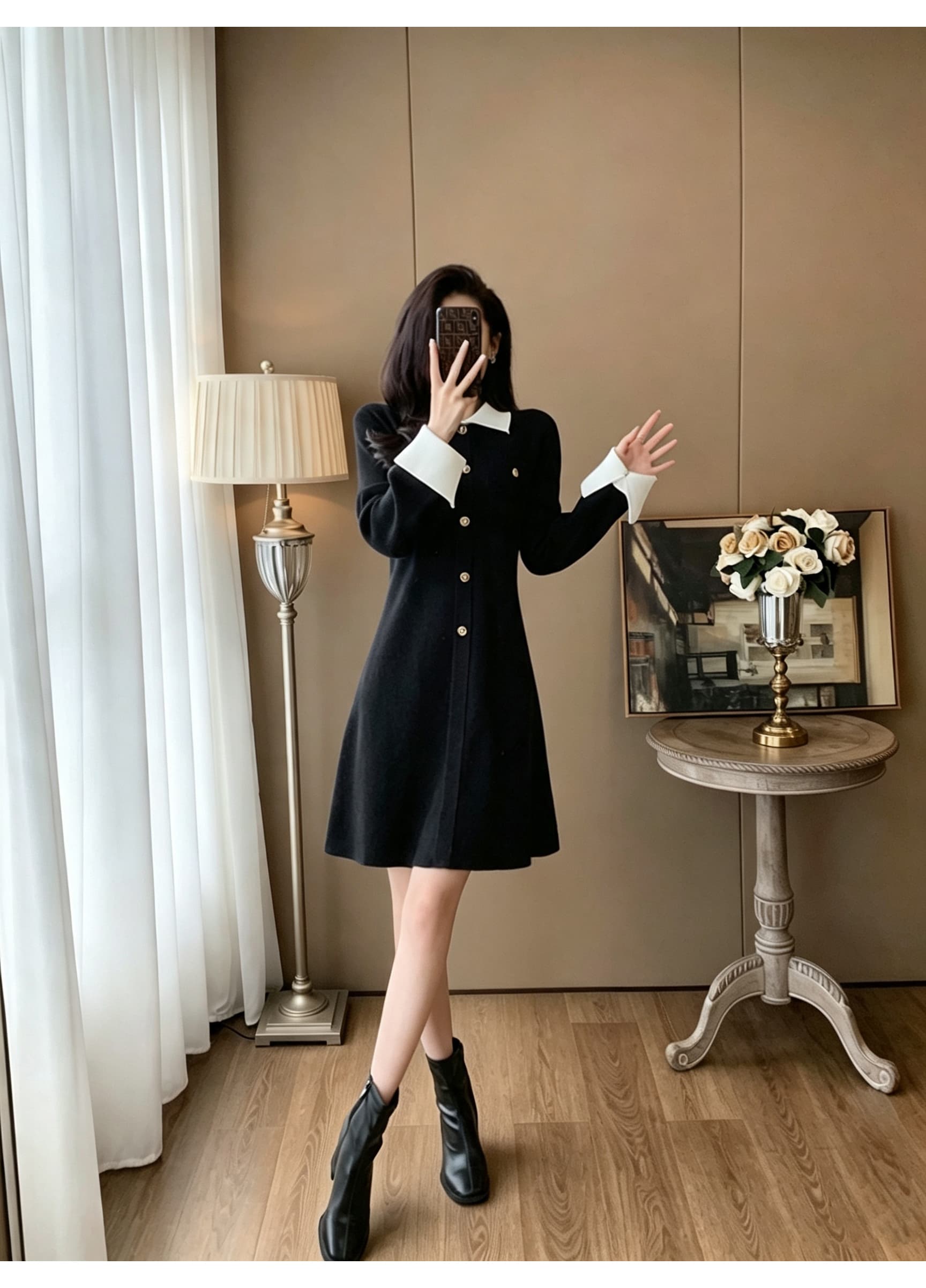 작은 샤넬 스타일 폴로 칼라 패치워크 긴팔 여성 드레스 가을 허리 수축 한 마디 미니 스커트 품격 출퇴근 싱글 줄 버튼 니트 원피스 상세 이미지 6