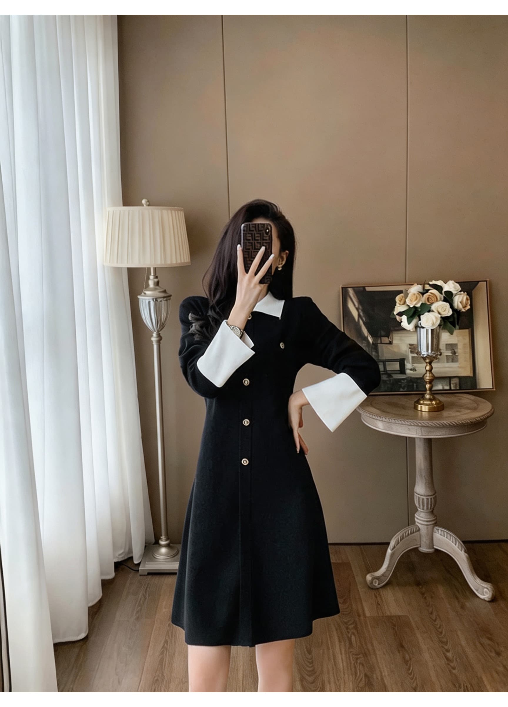 작은 샤넬 스타일 폴로 칼라 패치워크 긴팔 여성 드레스 가을 허리 수축 한 마디 미니 스커트 품격 출퇴근 싱글 줄 버튼 니트 원피스 상세 이미지 12