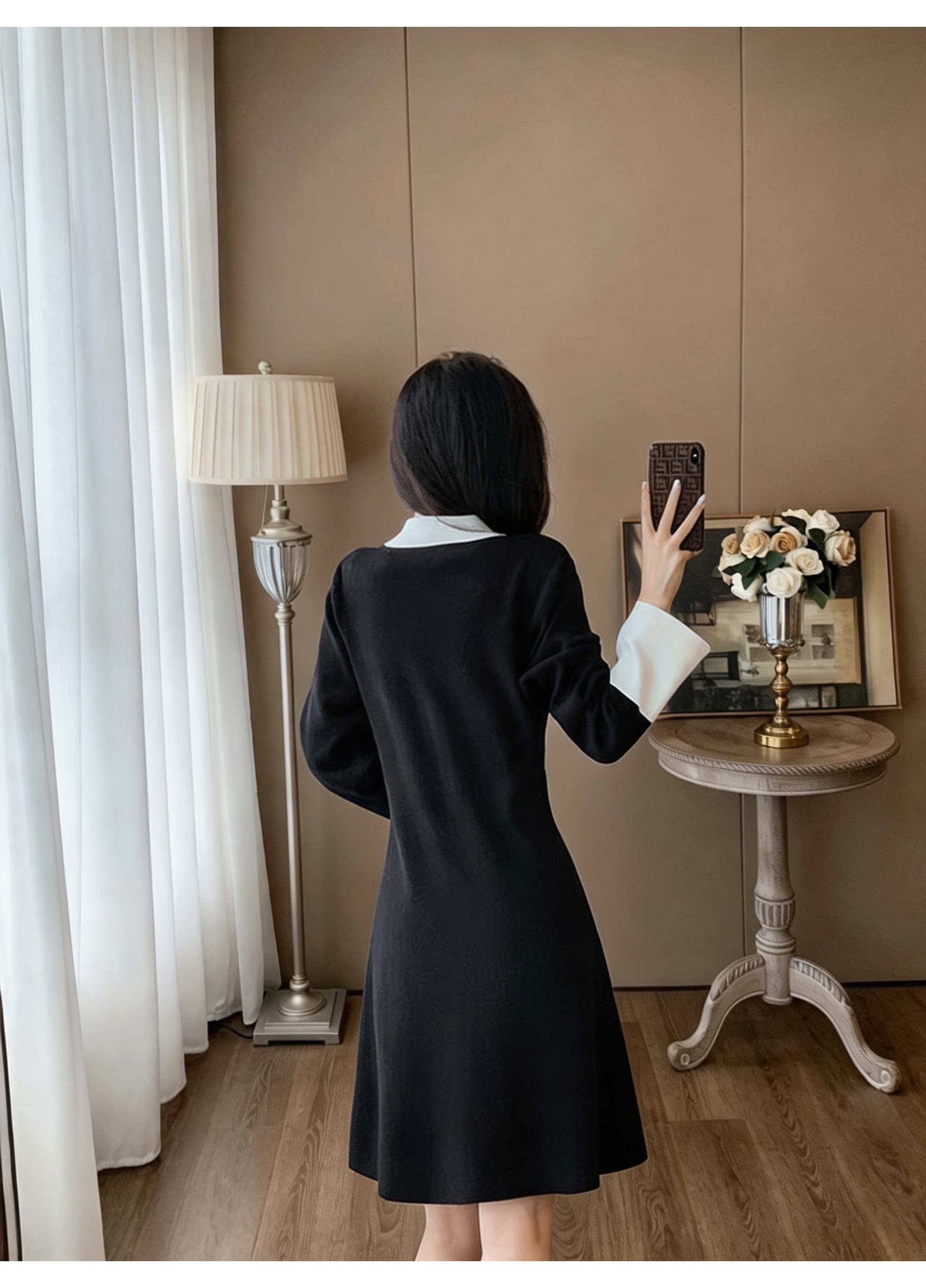 작은 샤넬 스타일 폴로 칼라 패치워크 긴팔 여성 드레스 가을 허리 수축 한 마디 미니 스커트 품격 출퇴근 싱글 줄 버튼 니트 원피스 상세 이미지 14