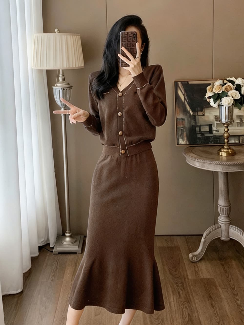 작은 샤넬 스타일 V넥 니트 오픈 가디건 인어 꼬리 반신 스커트 두 조각 여성 세트 품격 출퇴근 긴팔 세트 가을 여성 의류 이미지 4