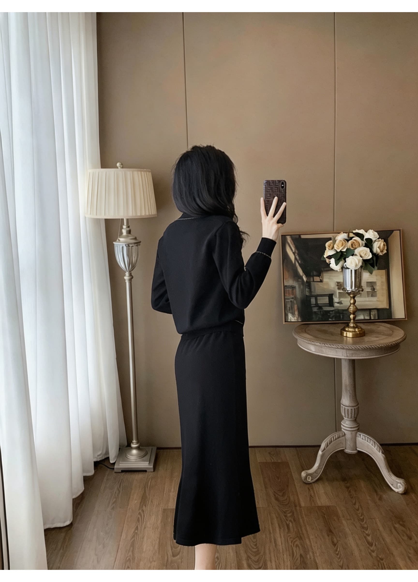 작은 샤넬 스타일 V넥 니트 오픈 가디건 인어 꼬리 반신 스커트 두 조각 여성 세트 품격 출퇴근 긴팔 세트 가을 여성 의류 상세 이미지 12
