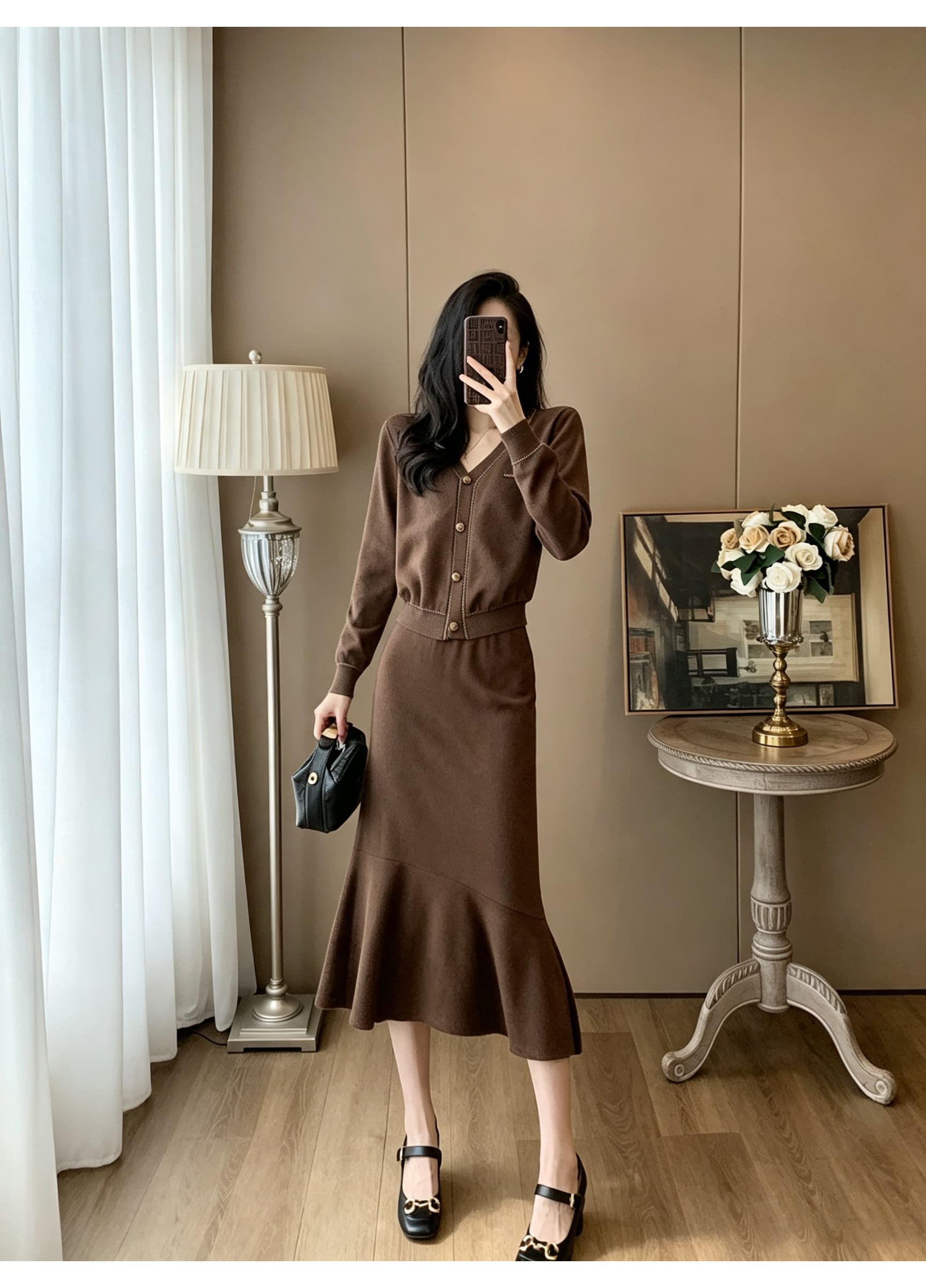 작은 샤넬 스타일 V넥 니트 오픈 가디건 인어 꼬리 반신 스커트 두 조각 여성 세트 품격 출퇴근 긴팔 세트 가을 여성 의류 상세 이미지 13