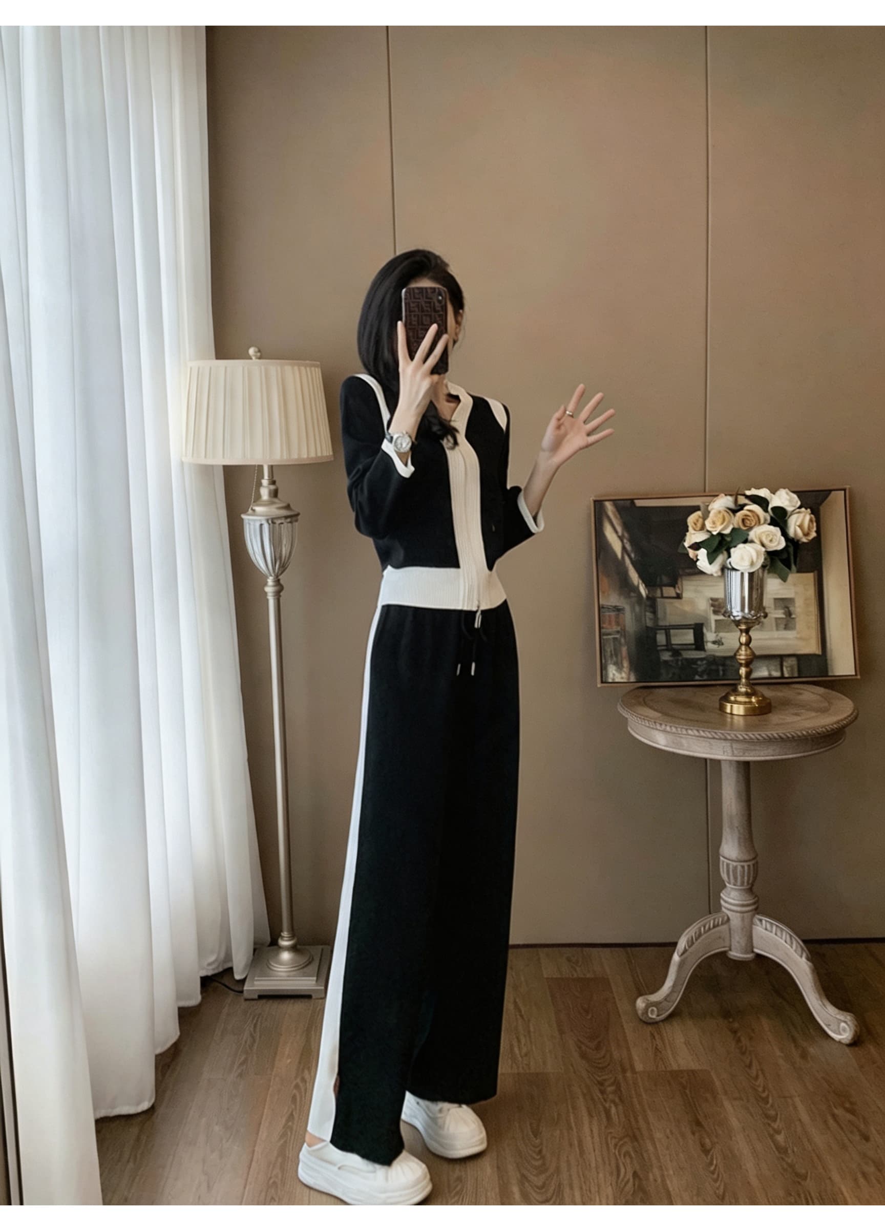 배색 V넥 쇼트 스타일 니트 오픈 가디건 넓은 다리 길이 바지 두 조각 여성 세트 펌프 로프 하이웨이스트 트임 캐주얼 세트 가을 의상 상세 이미지 4