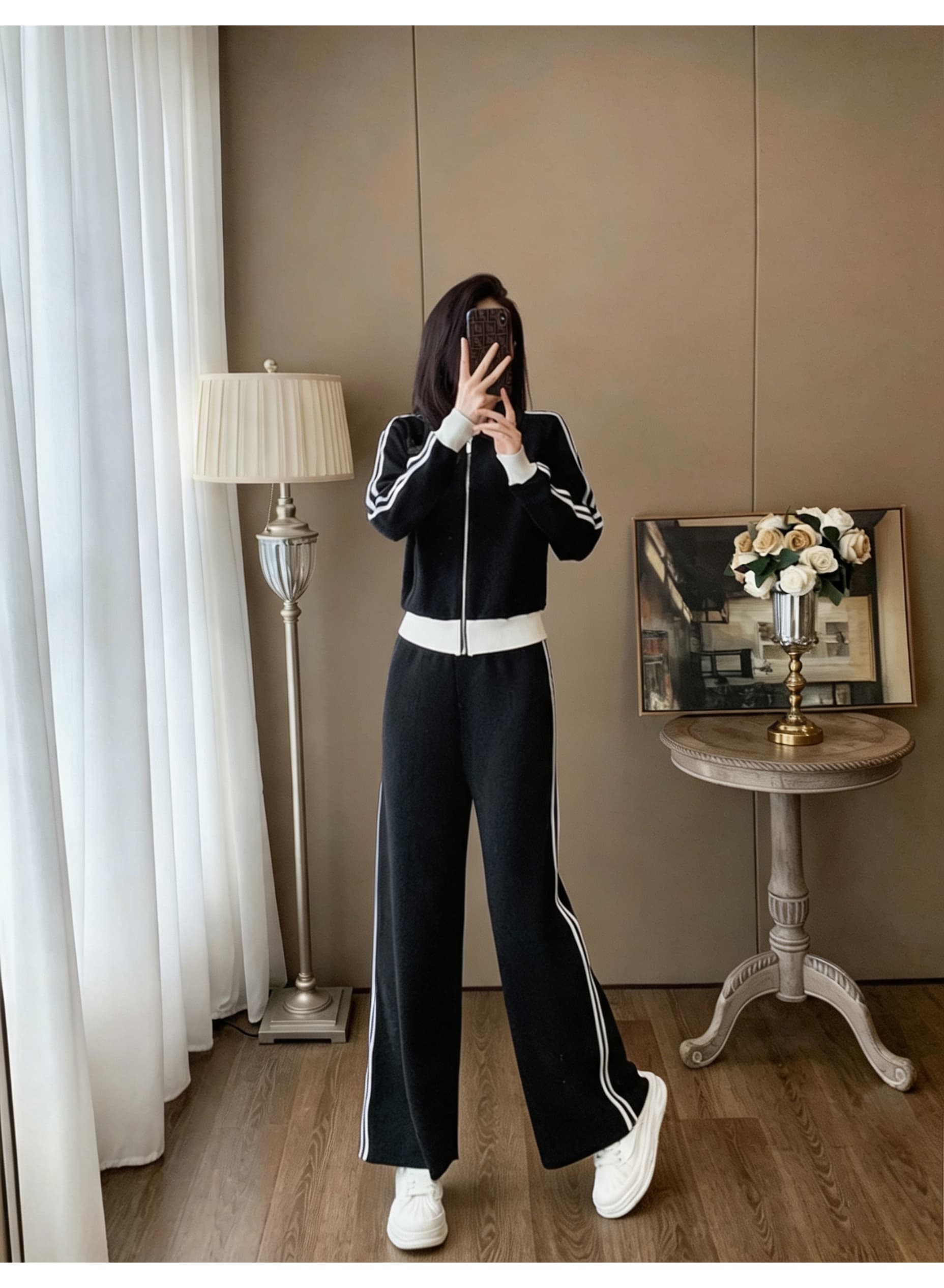 폴로 칼라 지퍼 쇼트 스타일 니트 재킷 측면 스트라이프 넓은 다리 길이 바지 투피스 세트 여성 레저 운동 가을 세트 상세 이미지 1