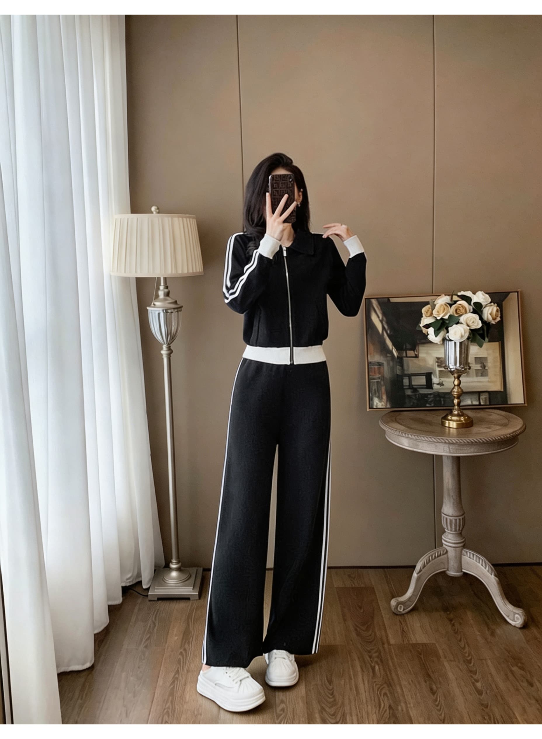 폴로 칼라 지퍼 쇼트 스타일 니트 재킷 측면 스트라이프 넓은 다리 길이 바지 투피스 세트 여성 레저 운동 가을 세트 상세 이미지 3