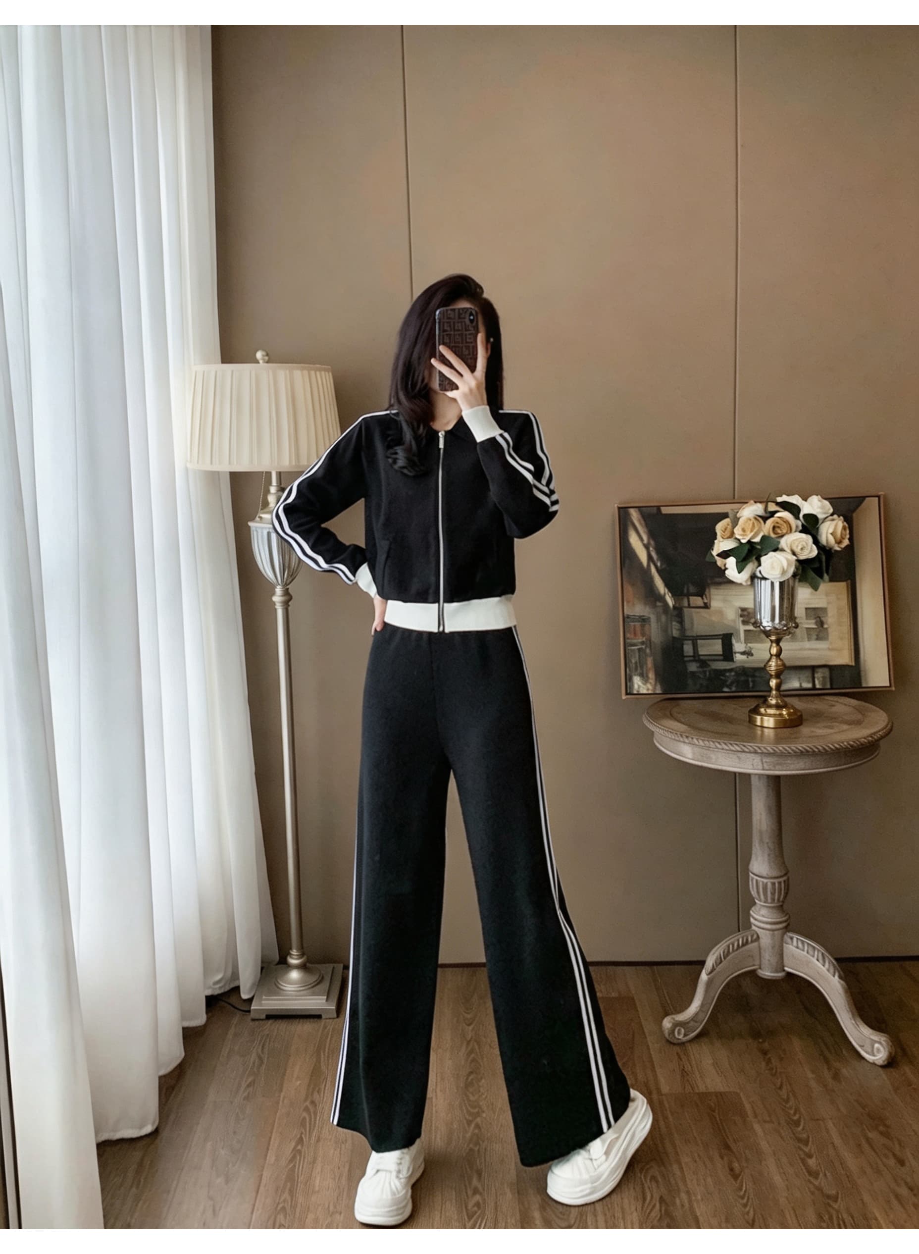 폴로 칼라 지퍼 쇼트 스타일 니트 재킷 측면 스트라이프 넓은 다리 길이 바지 투피스 세트 여성 레저 운동 가을 세트 상세 이미지 5