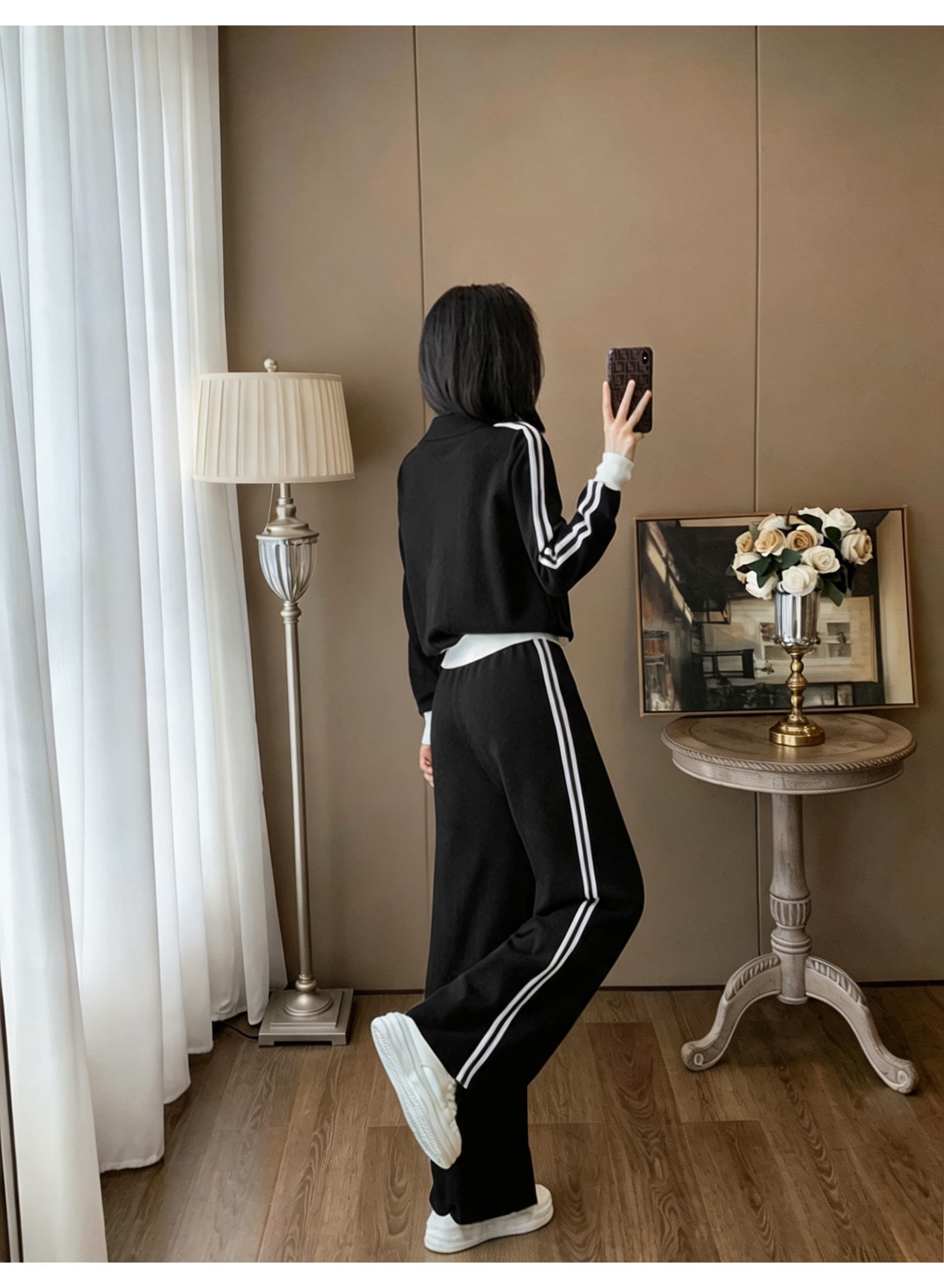 폴로 칼라 지퍼 쇼트 스타일 니트 재킷 측면 스트라이프 넓은 다리 길이 바지 투피스 세트 여성 레저 운동 가을 세트 상세 이미지 8