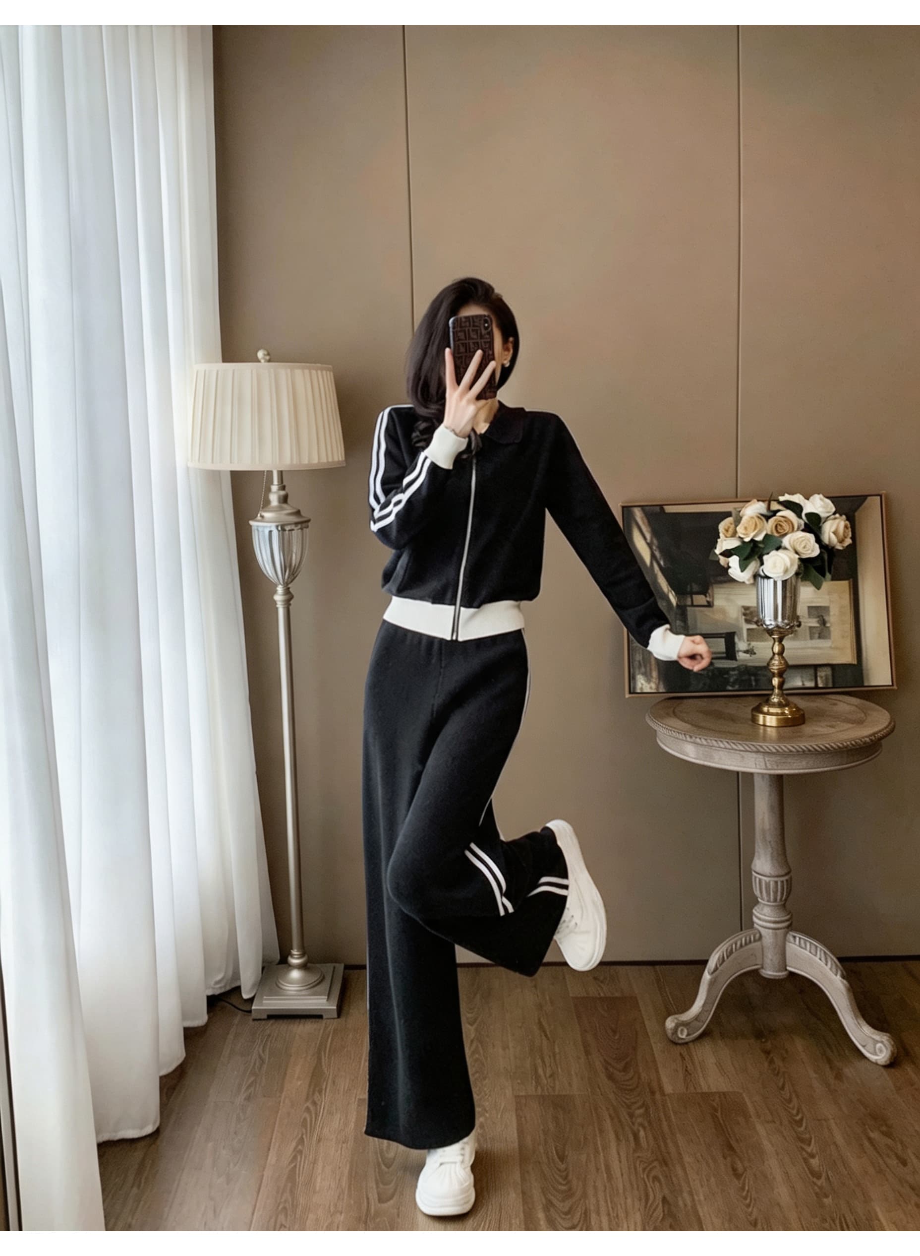 폴로 칼라 지퍼 쇼트 스타일 니트 재킷 측면 스트라이프 넓은 다리 길이 바지 투피스 세트 여성 레저 운동 가을 세트 상세 이미지 9
