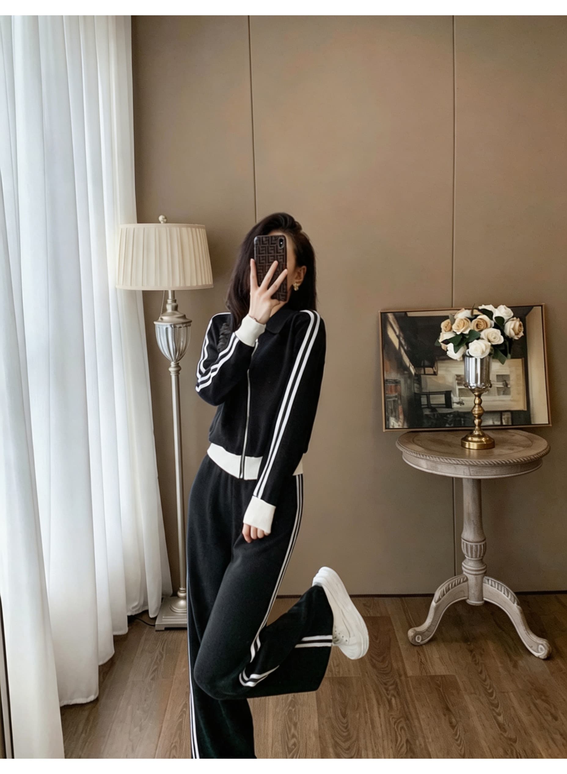 폴로 칼라 지퍼 쇼트 스타일 니트 재킷 측면 스트라이프 넓은 다리 길이 바지 투피스 세트 여성 레저 운동 가을 세트 상세 이미지 10