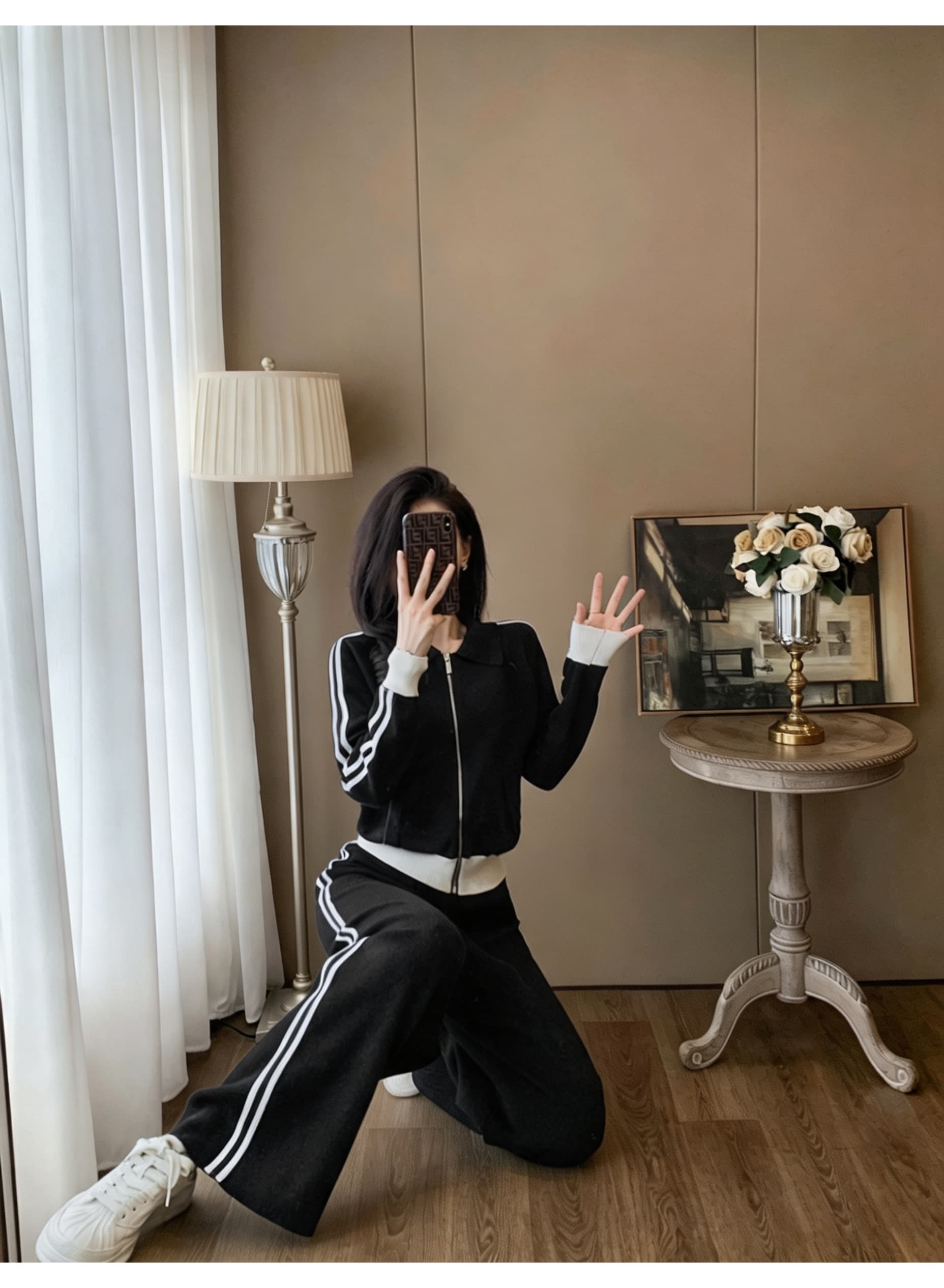 폴로 칼라 지퍼 쇼트 스타일 니트 재킷 측면 스트라이프 넓은 다리 길이 바지 투피스 세트 여성 레저 운동 가을 세트 상세 이미지 11