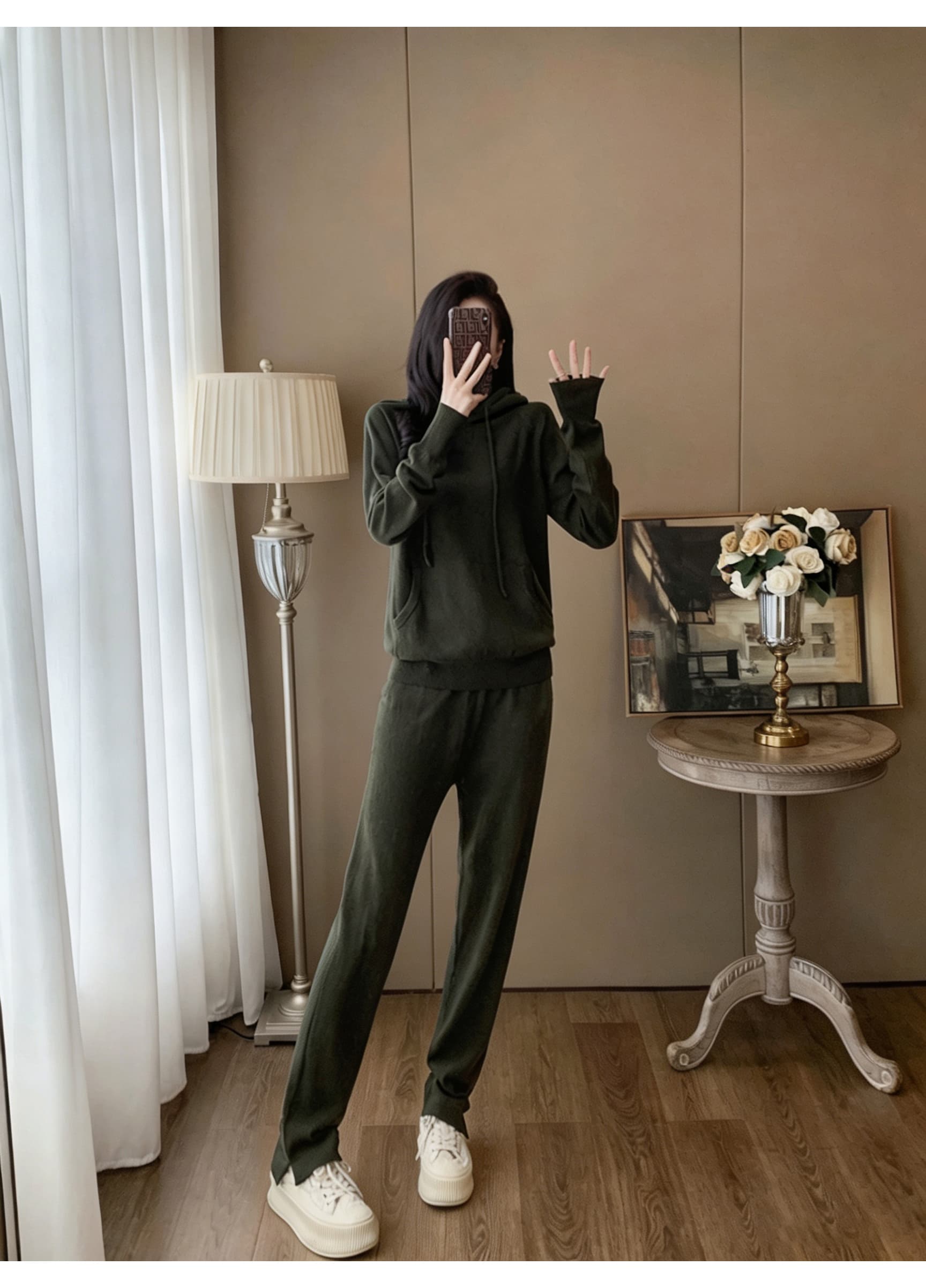 느긋한 바람 후드 티 스웨터 세트 가을 여성 루즈핏 긴팔 맨위 펌프 로프 스트레이트 캐주얼 긴 바지 일상 투피스 세트 상세 이미지 4