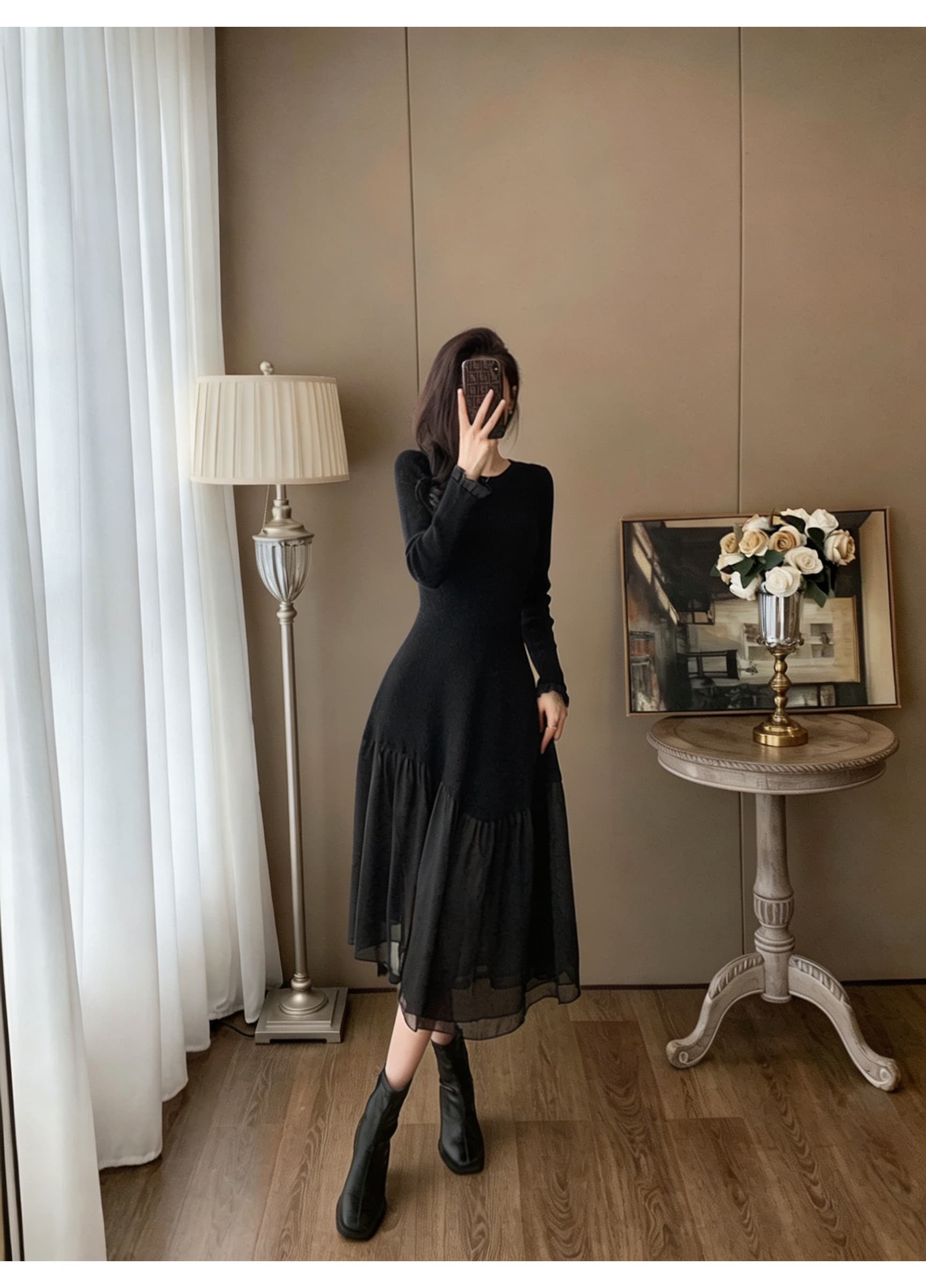 라운드 넥 긴팔 니트 여성 드레스 패치워크 망사 큰 진자 롱 스커트 허리 수축 슬림해 보이는 레이스 밑단 중간 길이 치마 상세 이미지 1