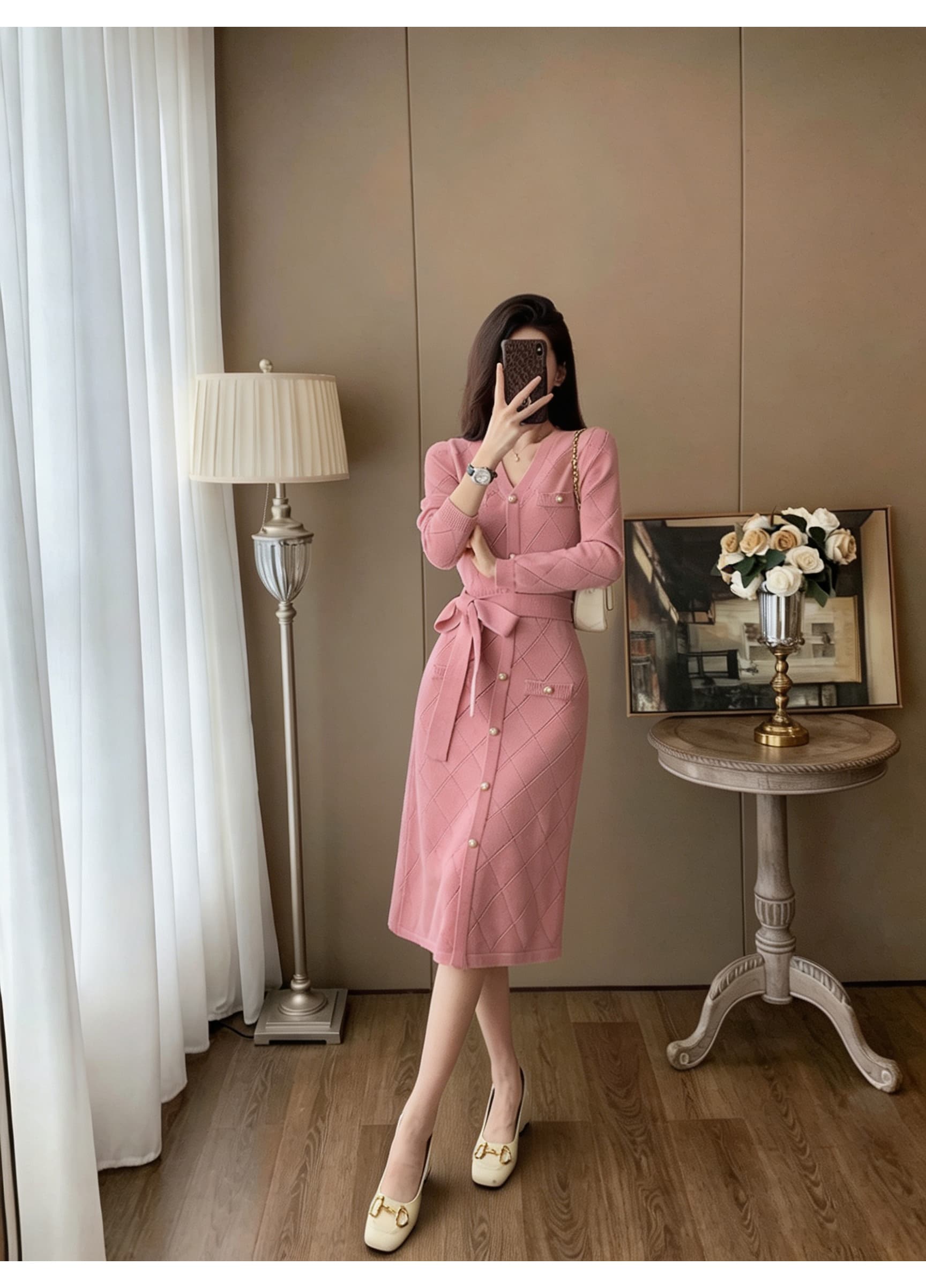 V넥 작은 샤넬 스타일 니트 드레스 여성 긴 소매 허리 수축 레이스업 중간 길이 스커트 링 그리드 질감 품격 슬림해 보이는 치마 상세 이미지 7