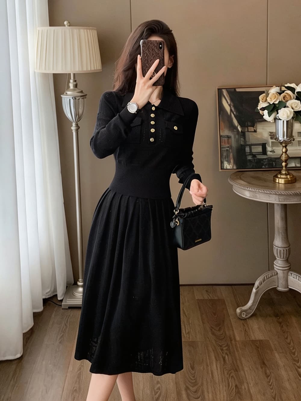 가을 폴로 칼라 작은 샤넬 스타일 니트 두 조각 여성 세트 골드 버클 쇼트 스타일 맨위 플리츠 중간 길이 스커트 품격 출퇴근 세트 이미지 2