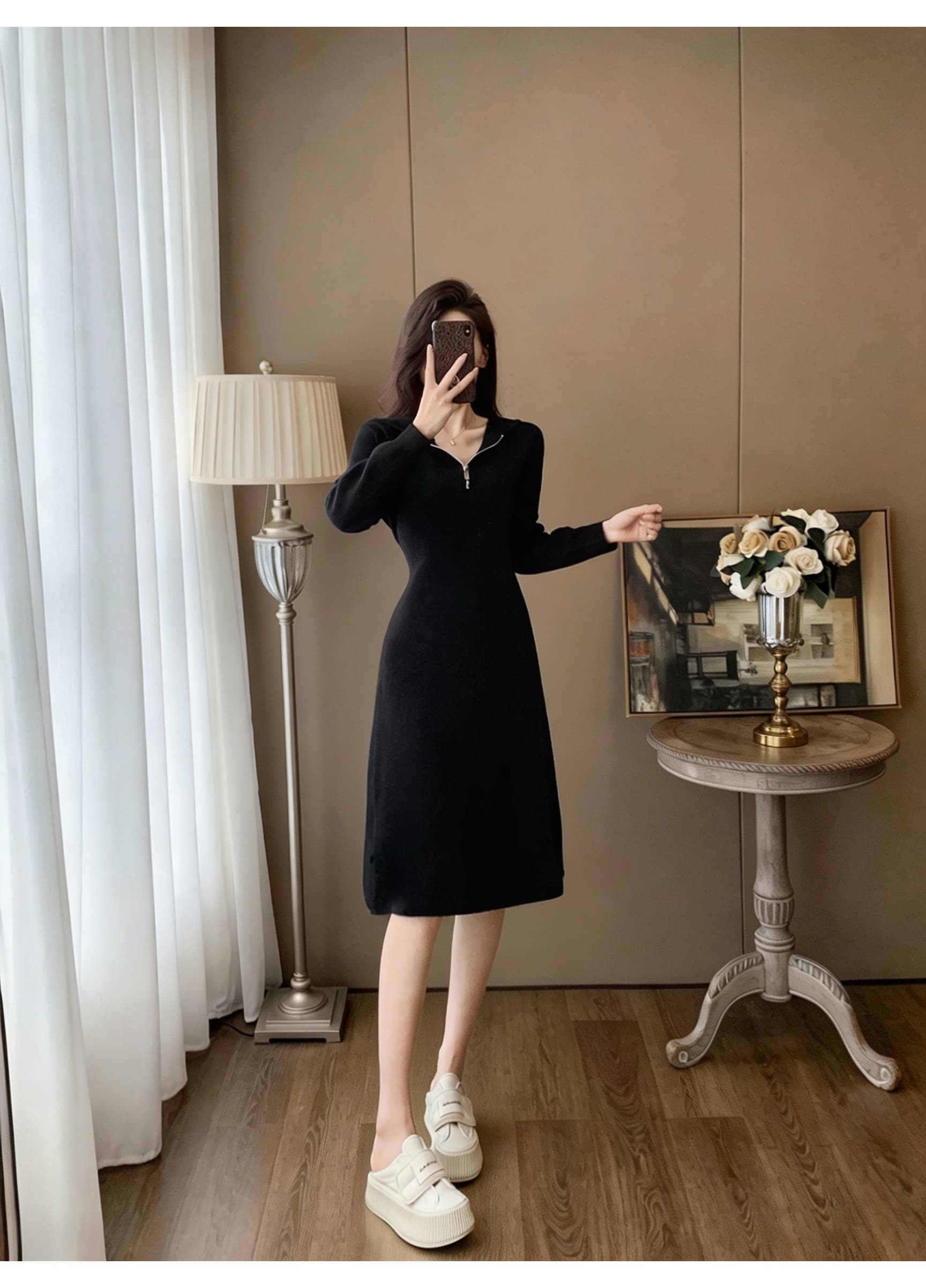 후드 하프 지퍼 니트 드레스 긴팔 몸매 가꾸기 중간 길이 스커트 캐주얼 미니멀리즘 슬림해 보이는 무릎 아래 기본 스커트 여성 의류 상세 이미지 4
