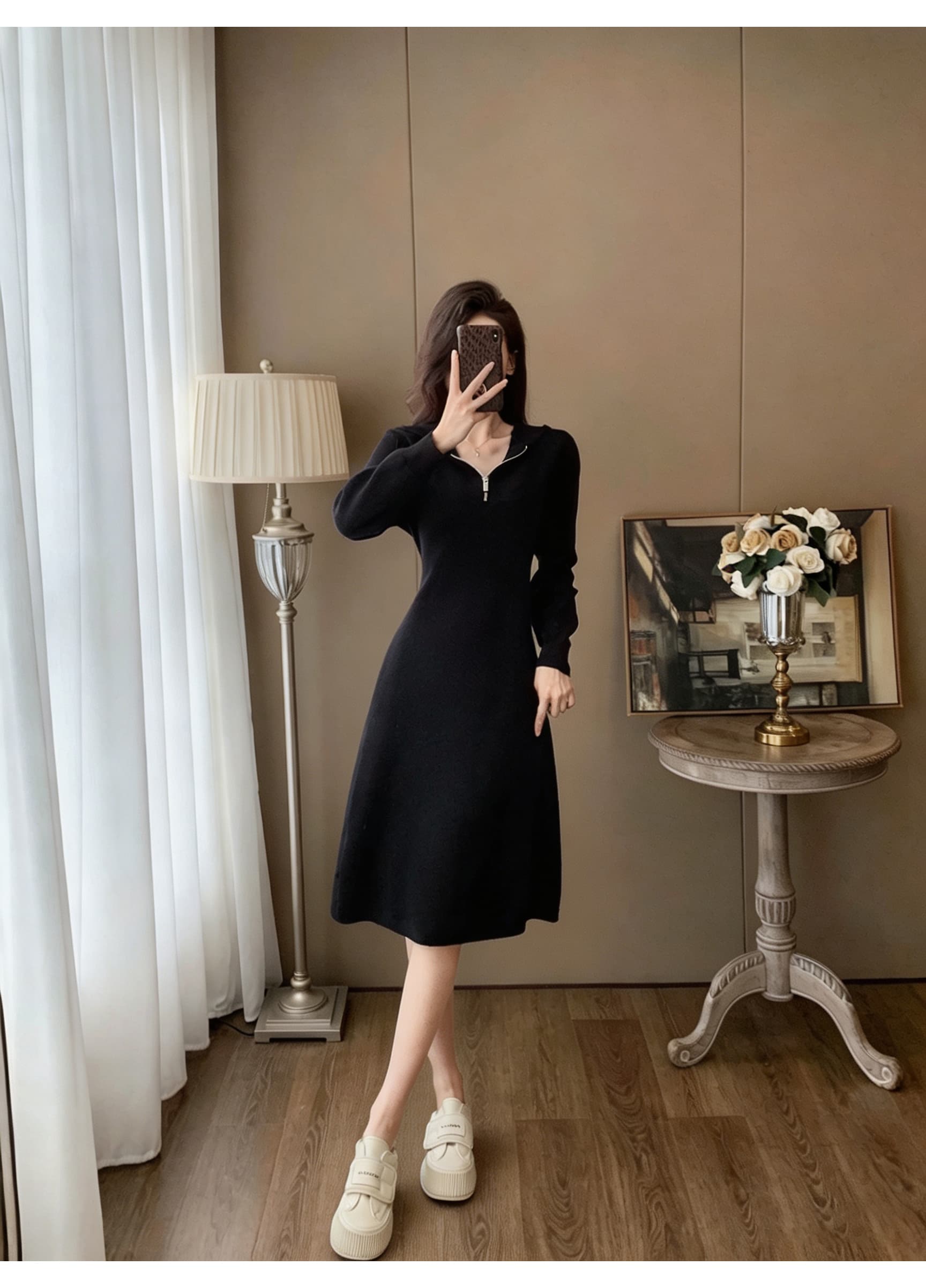 후드 하프 지퍼 니트 드레스 긴팔 몸매 가꾸기 중간 길이 스커트 캐주얼 미니멀리즘 슬림해 보이는 무릎 아래 기본 스커트 여성 의류 상세 이미지 5