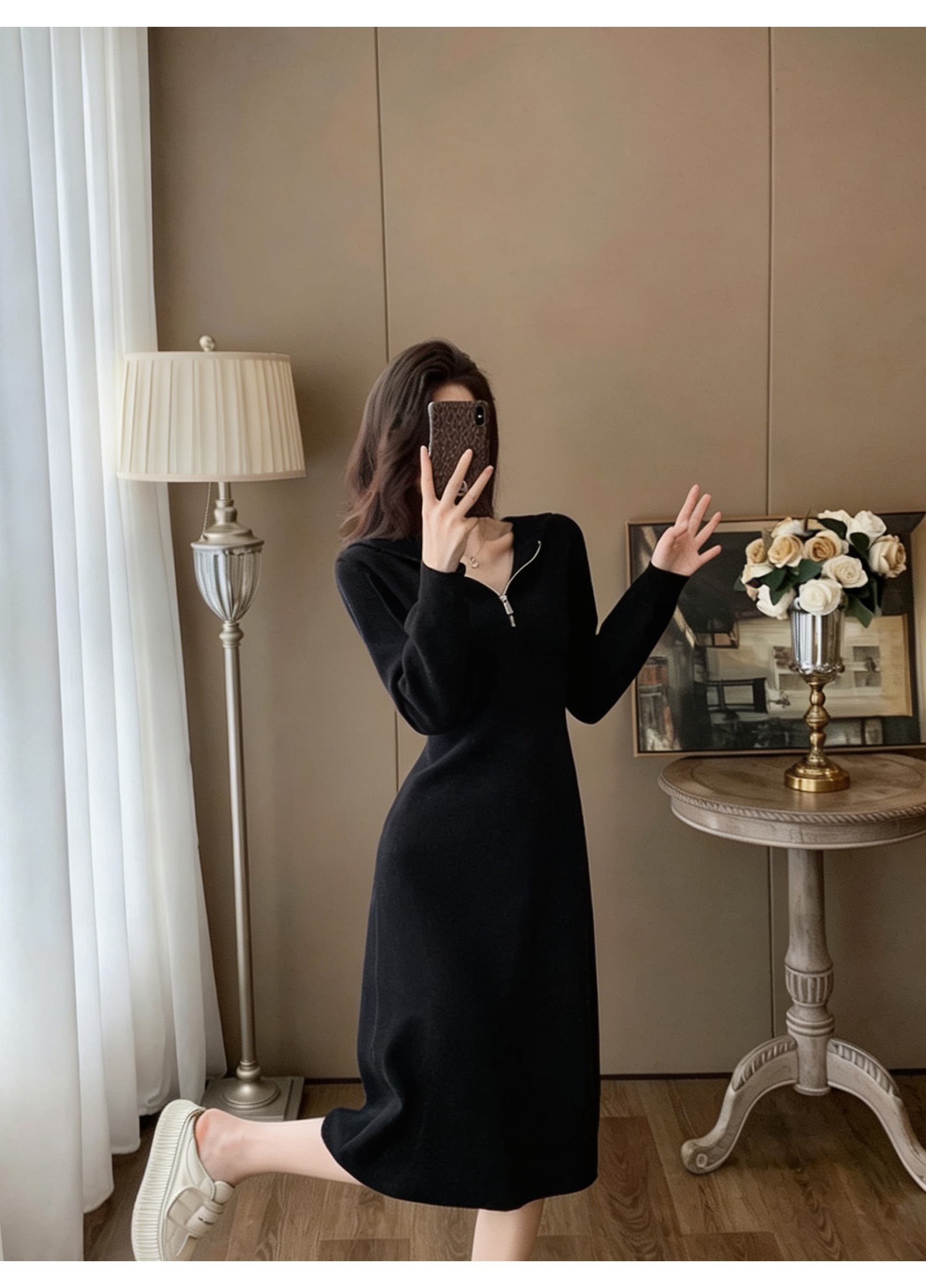 후드 하프 지퍼 니트 드레스 긴팔 몸매 가꾸기 중간 길이 스커트 캐주얼 미니멀리즘 슬림해 보이는 무릎 아래 기본 스커트 여성 의류 상세 이미지 9