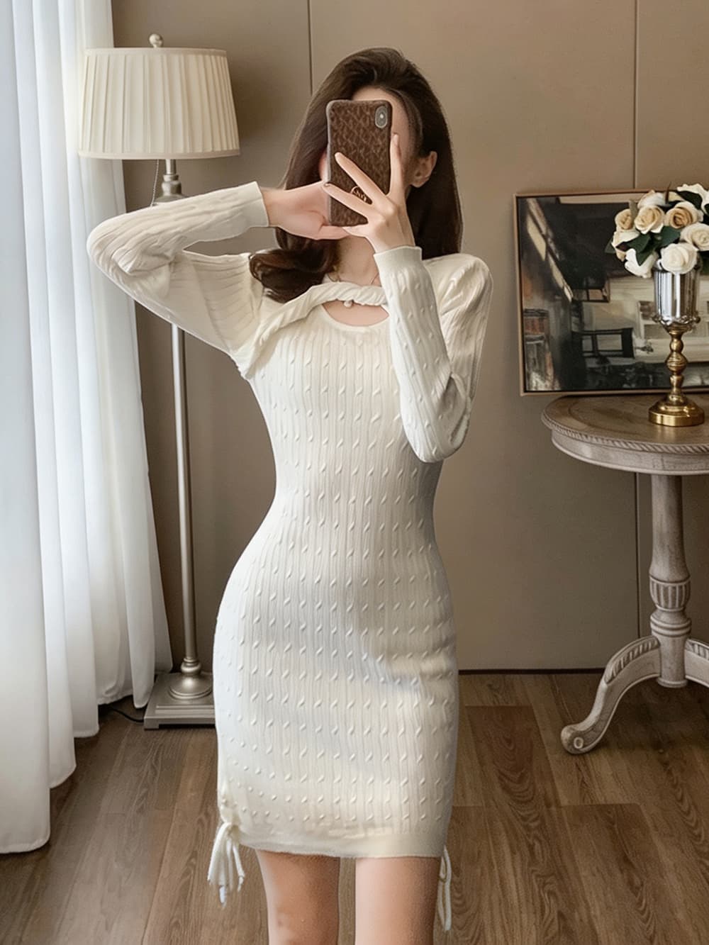 순수한 욕망 바람 페이크 레이어드 디자인 니트 여성 드레스 홀로우 아웃 비틀림 칼라 몸매 가꾸기 타이트 스커트 펌프 로프 쇼트 스타일 기본 스커트